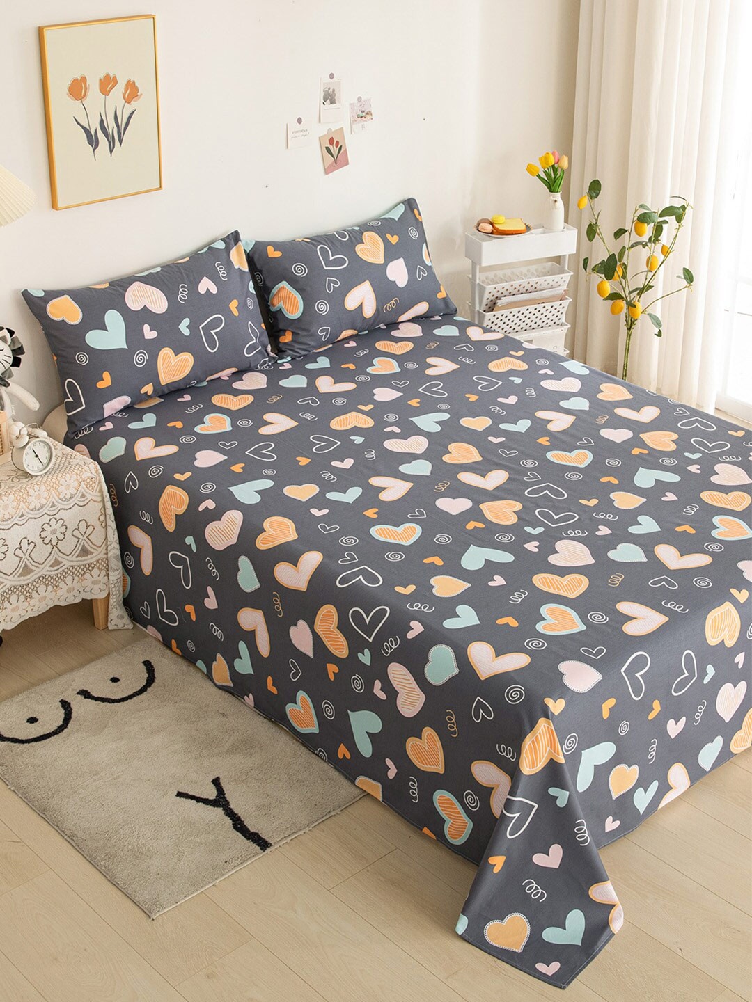 

JC HOME Grey Orange Graphic 200 TC Queen Bedsheet with 2 Pillow Covers