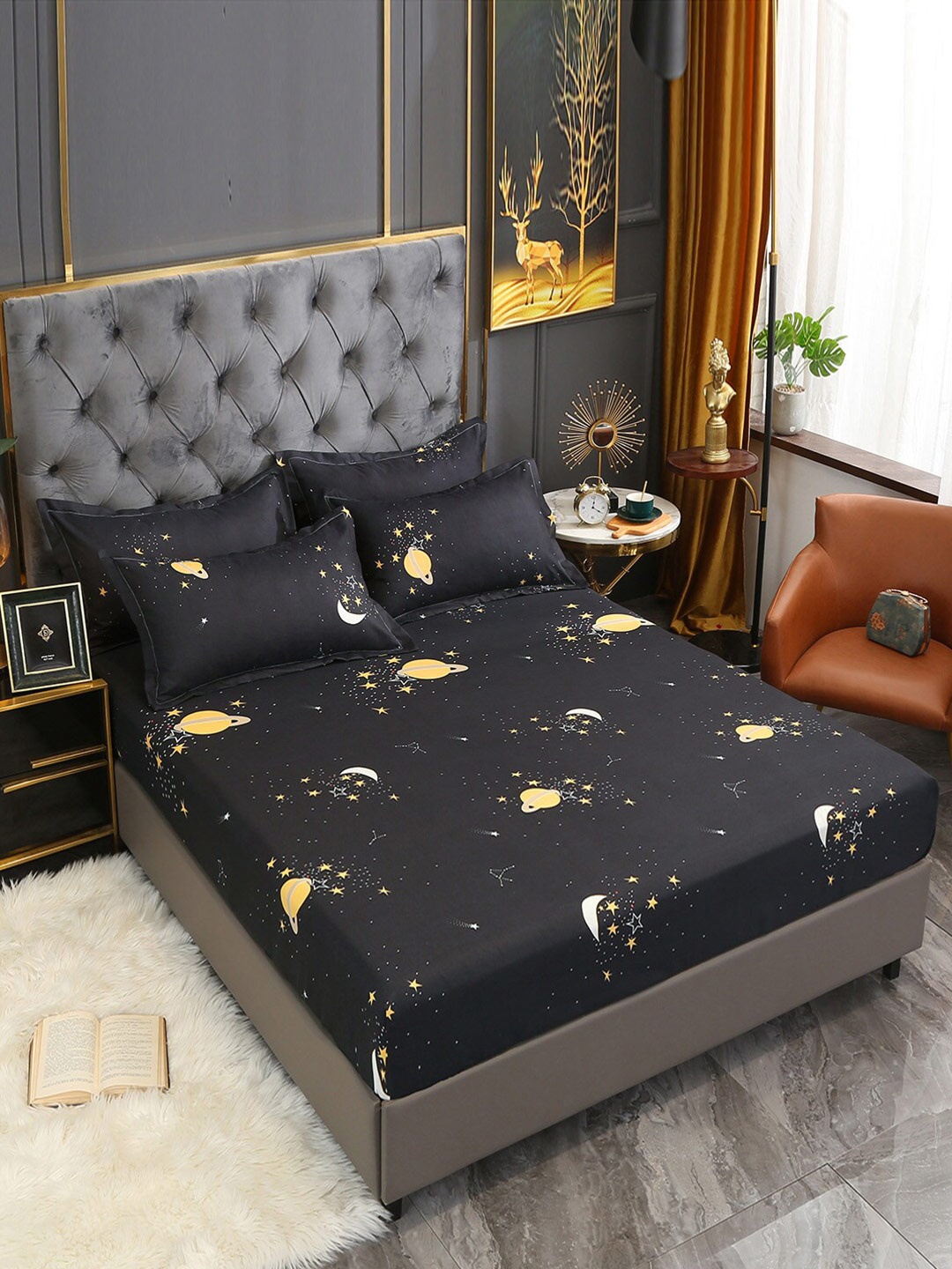 

JC HOME Black & Yellow Graphic 160 TC Fitted King Bedsheet with 2 Pillow Covers