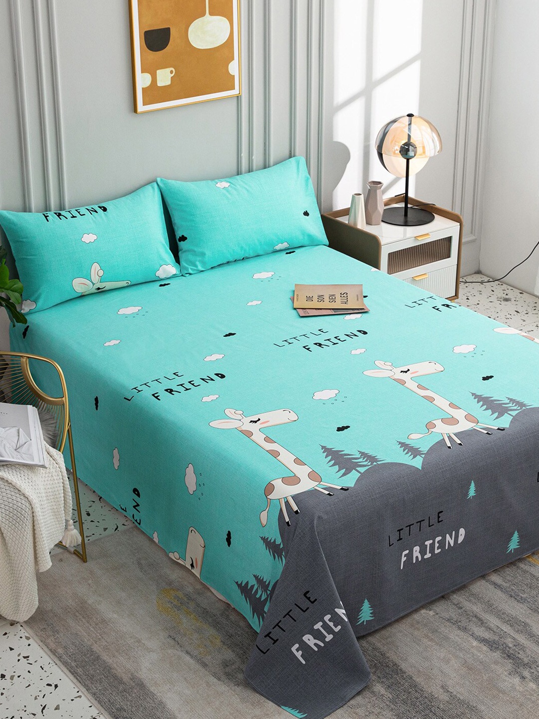 

JC HOME Sea Green & Grey Cartoon Characters 200 TC Queen Bedsheet with 2 Pillow Covers