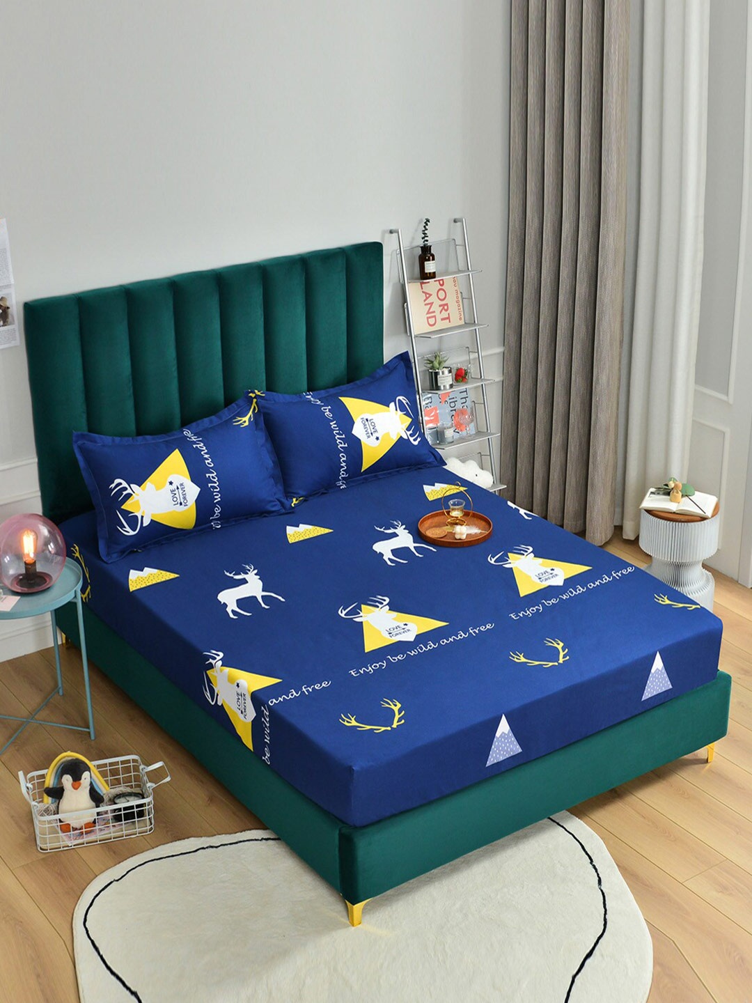 

JC Collection Navy Blue & White Conversational Printed 160 TC Queen Size Bedsheet with Pillow Covers