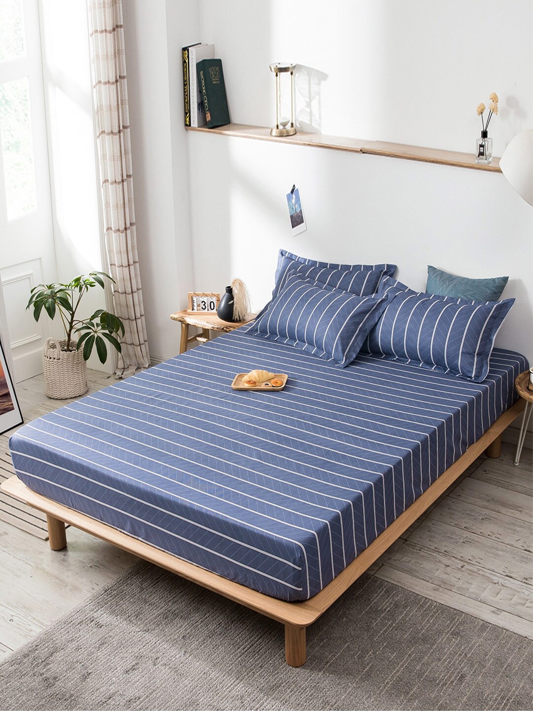 

JC HOME Blue & White Striped 160 TC King Bedsheet