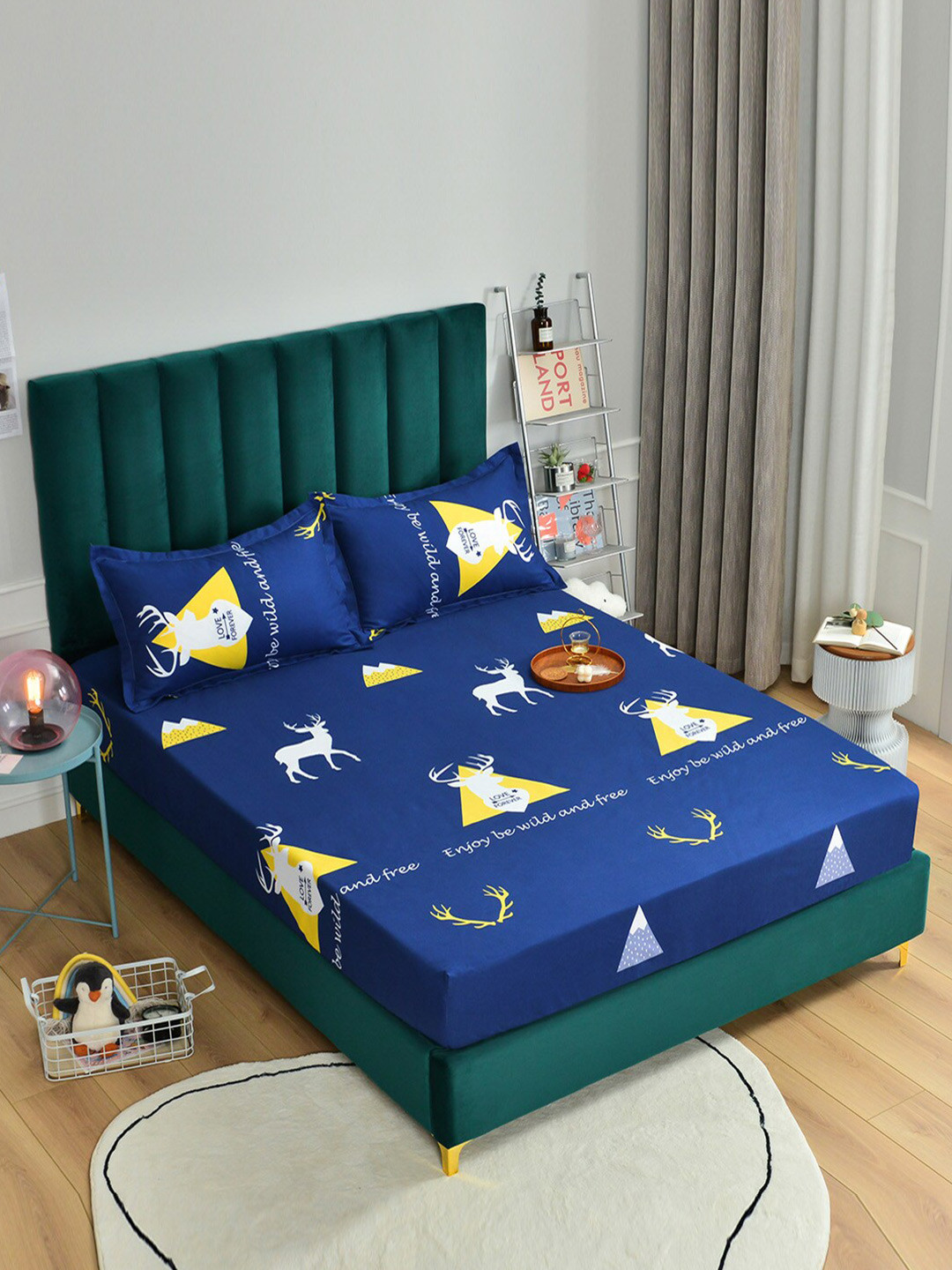 

JC Collection Navy Blue & Yellow Graphic 160 TC Single Bedsheet with Pillow Covers