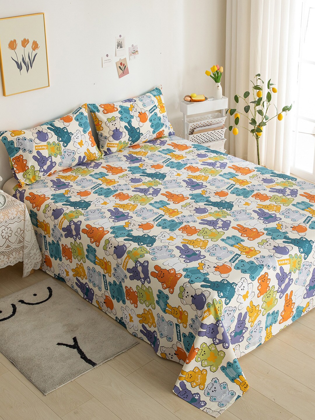

JC HOME White & Blue Cartoon Characters 200 TC King Bedsheet with 2 Pillow Covers