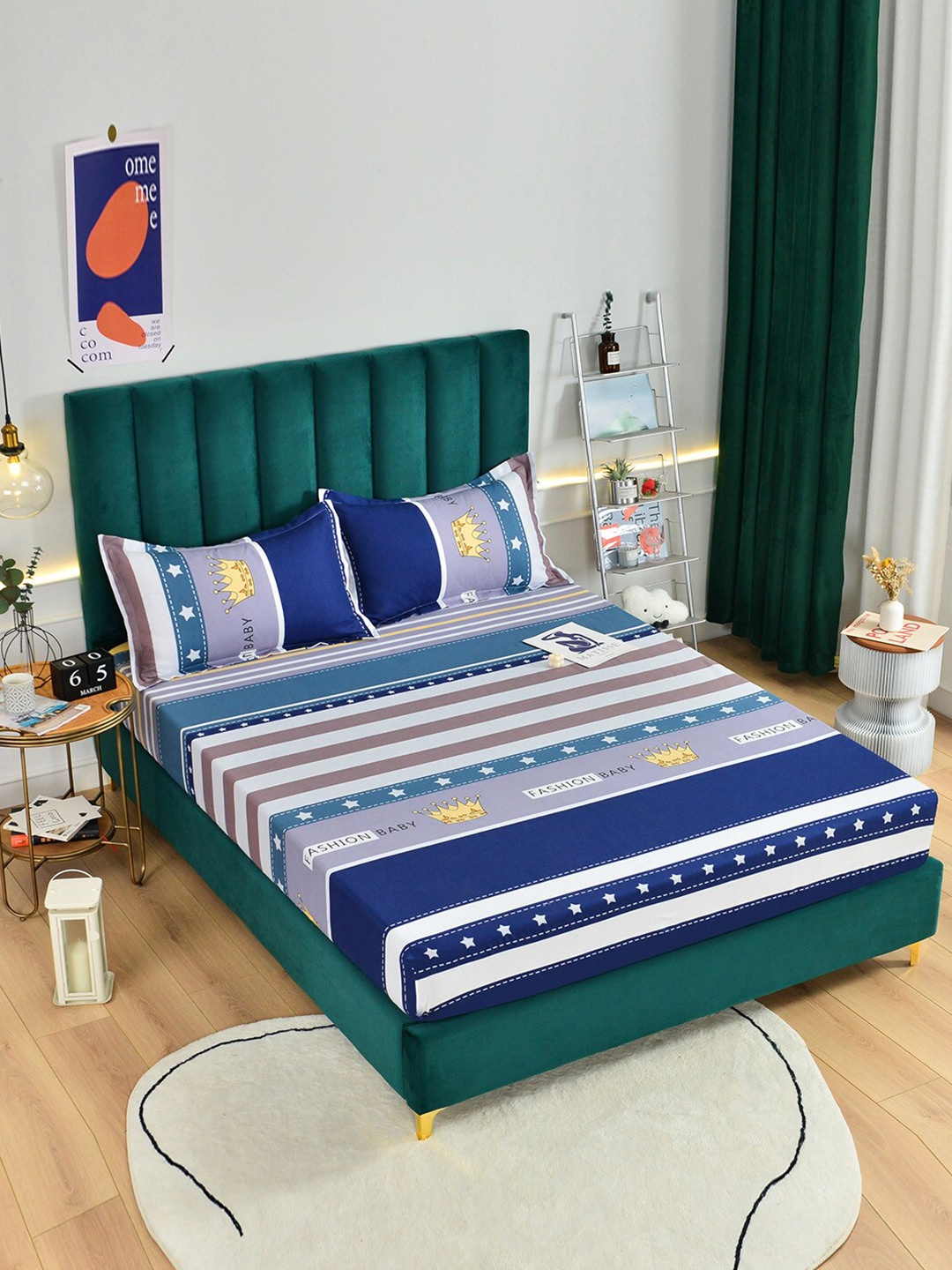 

JC HOME Blue & White Geometric 160 TC Queen Bedsheet with Pillow Covers