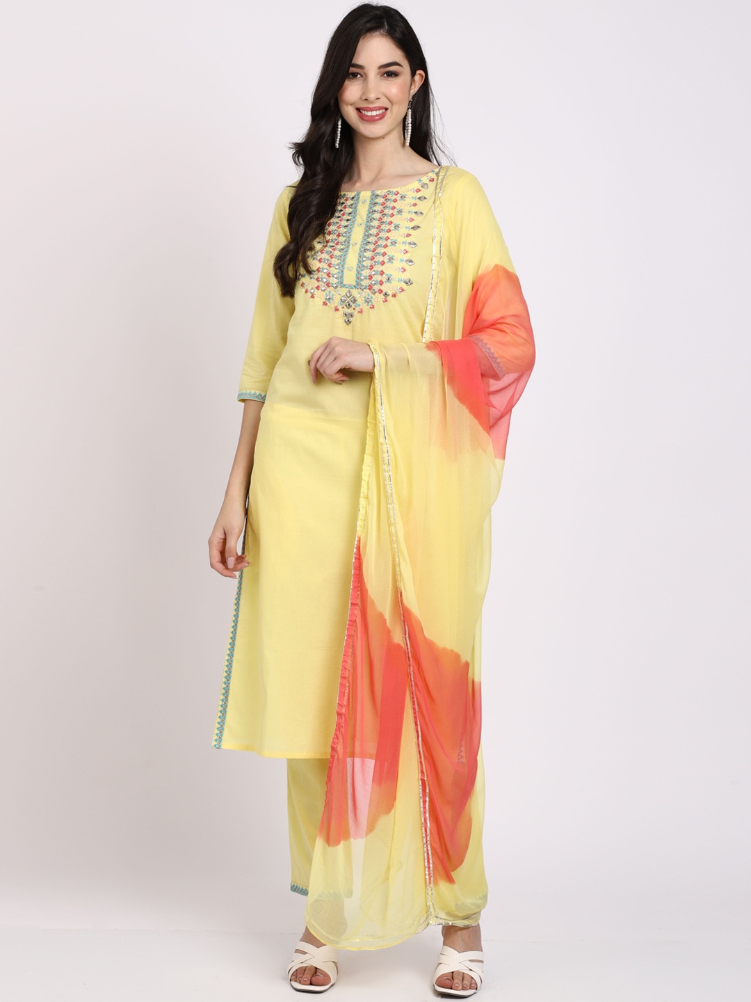 

Rajnandini Women Yellow Ethnic Motifs Embroidered Mirror Work Pure Cotton Kurta with Trousers & With Dupatta