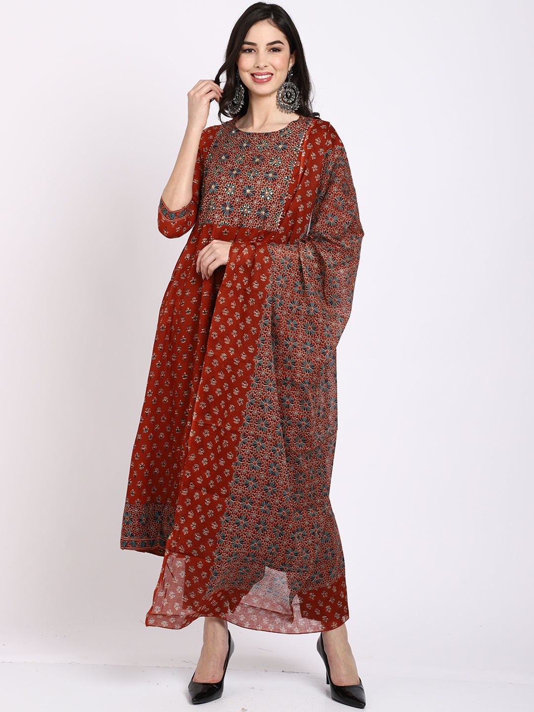 

Rajnandini Women Rust Ethnic Motifs Printed Pure Cotton Kurta with Palazzos & With Dupatta