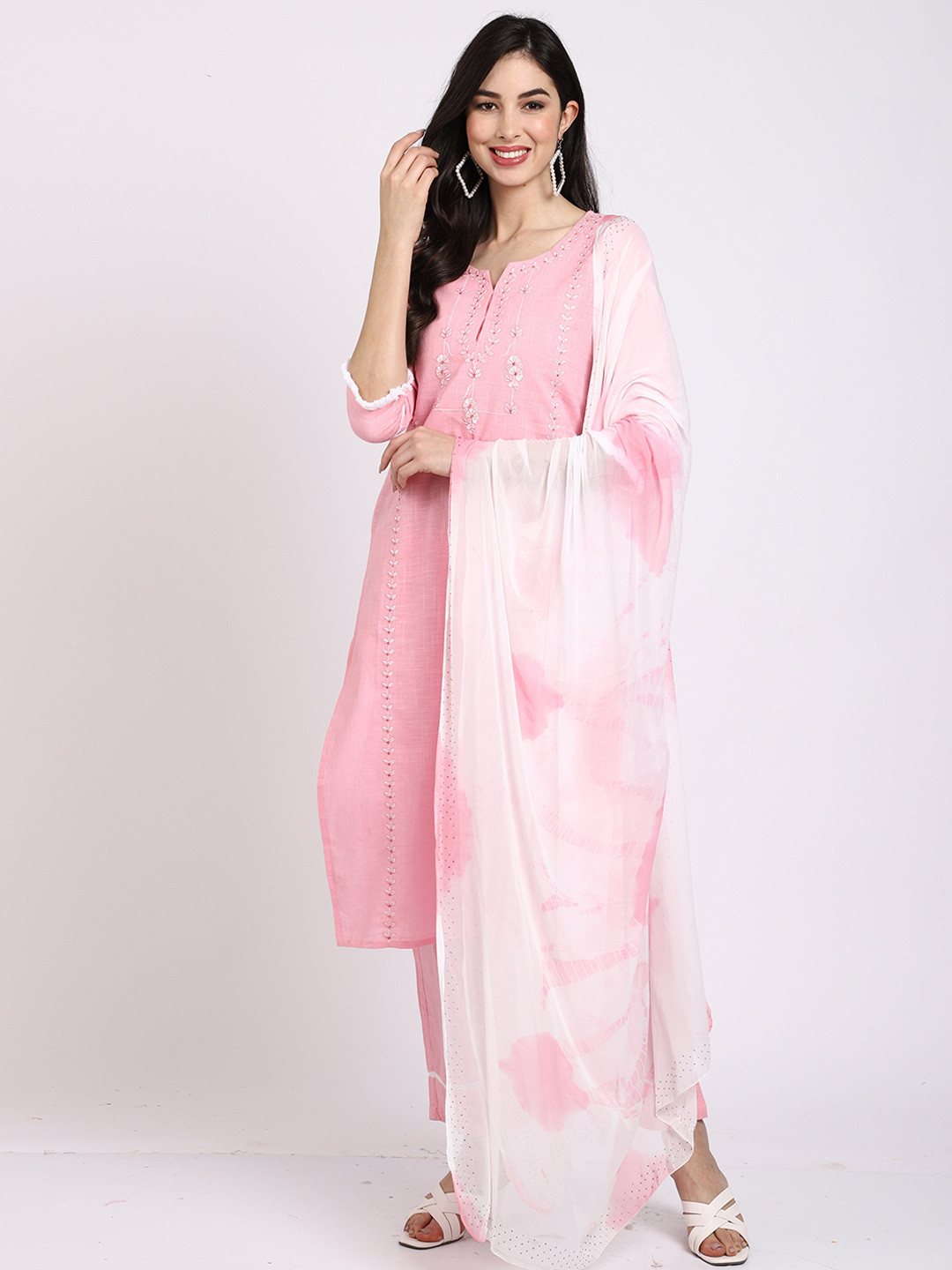 

Rajnandini Women Pink Floral Embroidered Pure Cotton Kurta with Churidar & With Dupatta