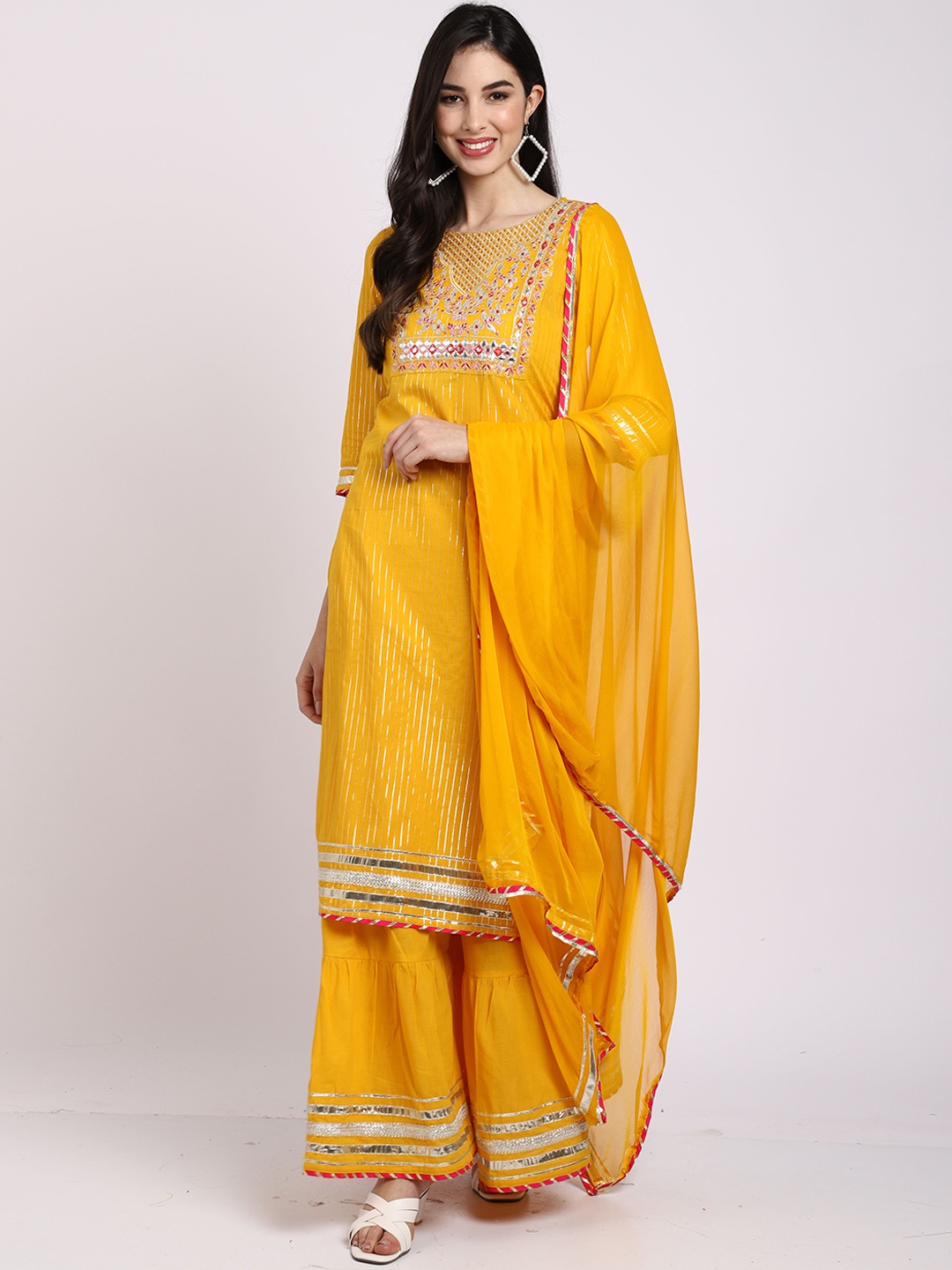 

Rajnandini Women Yellow Ethnic Motifs Kurta with Palazzos & With Dupatta