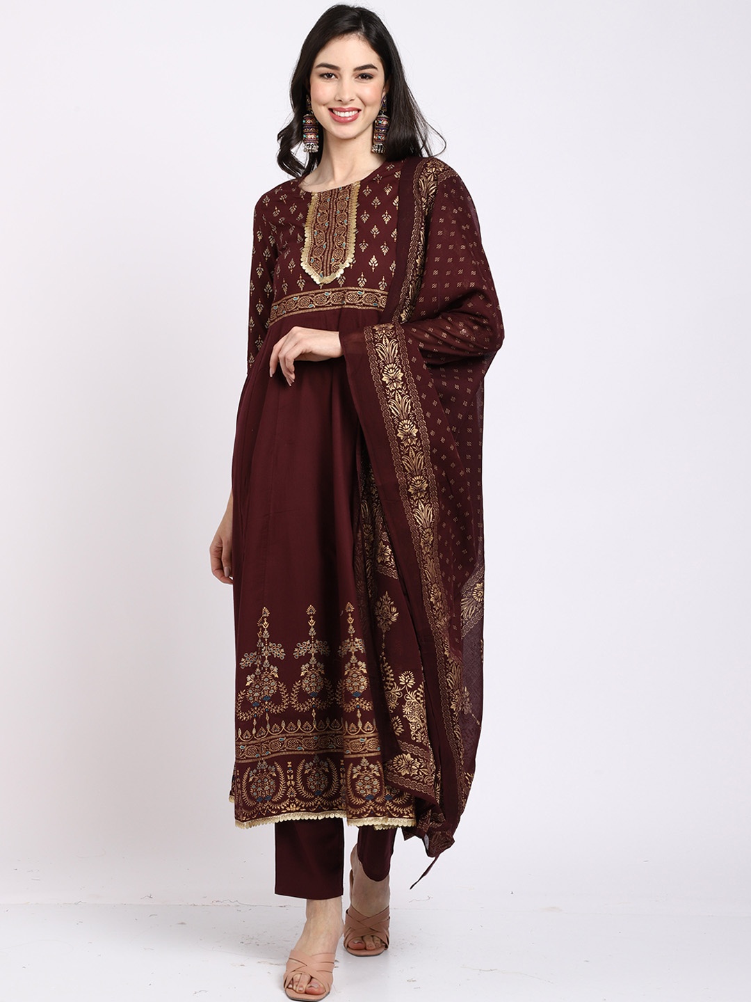 

Rajnandini Women Maroon Ethnic Motifs Printed Panelled Pure Cotton Kurta with Trousers & With Dupatta