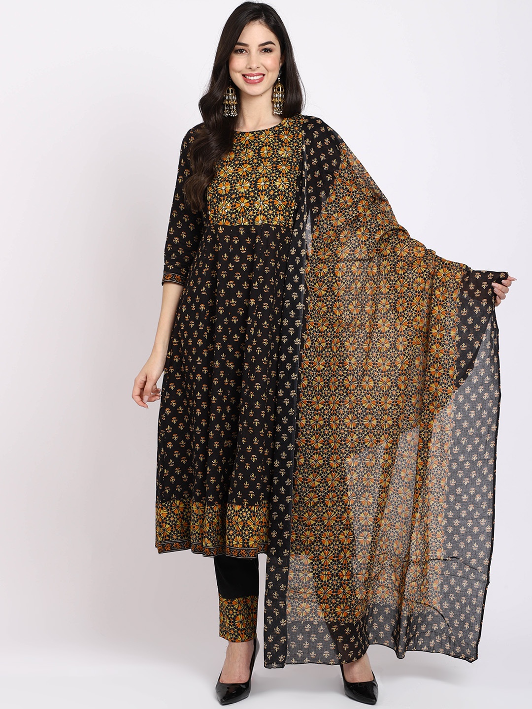 

Rajnandini Women Black Ethnic Motifs Printed Pure Cotton Kurta with Churidar & With Dupatta