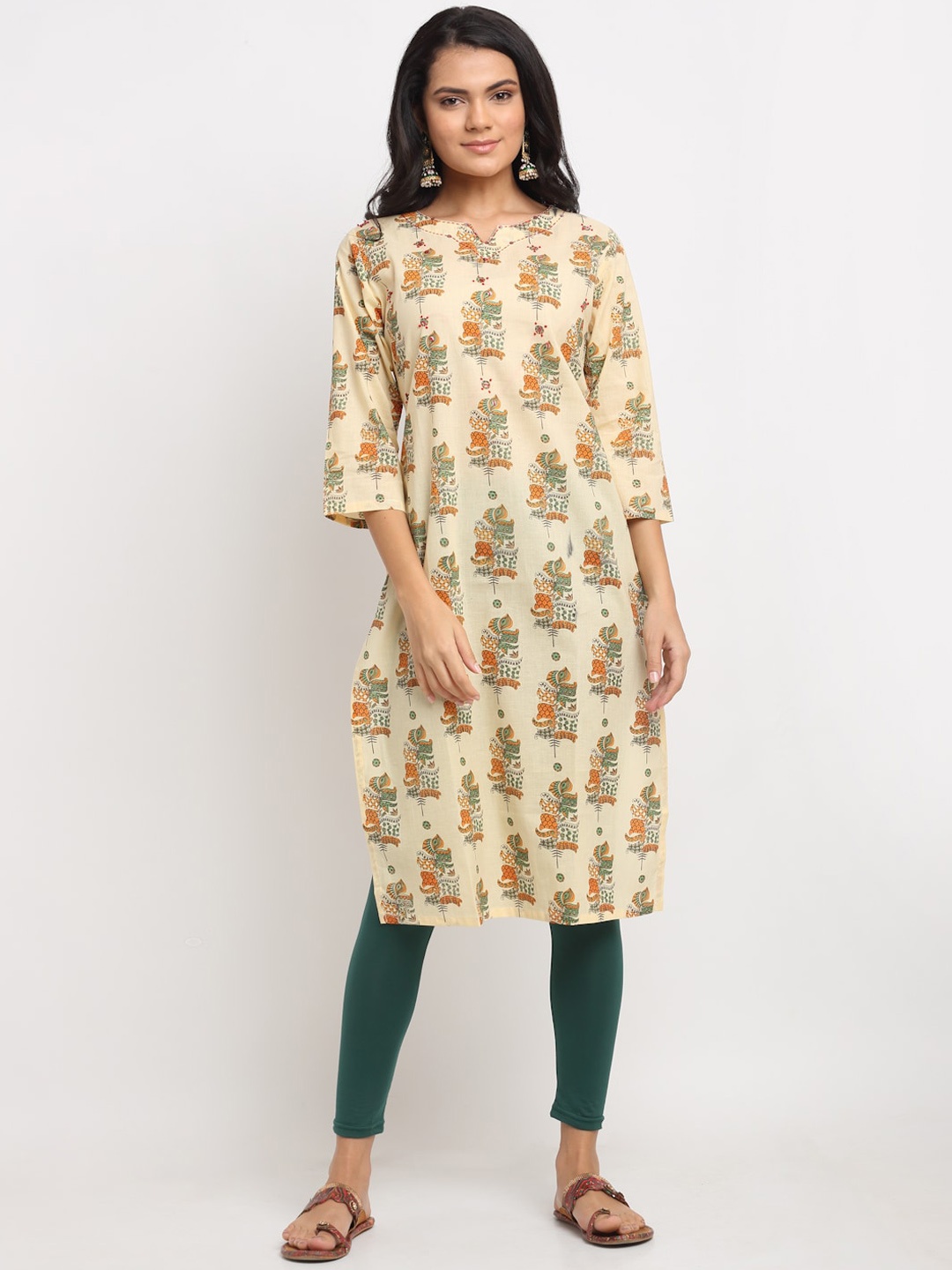 

Aujjessa Women Lime Green Floral Printed Extended Sleeves Kurta