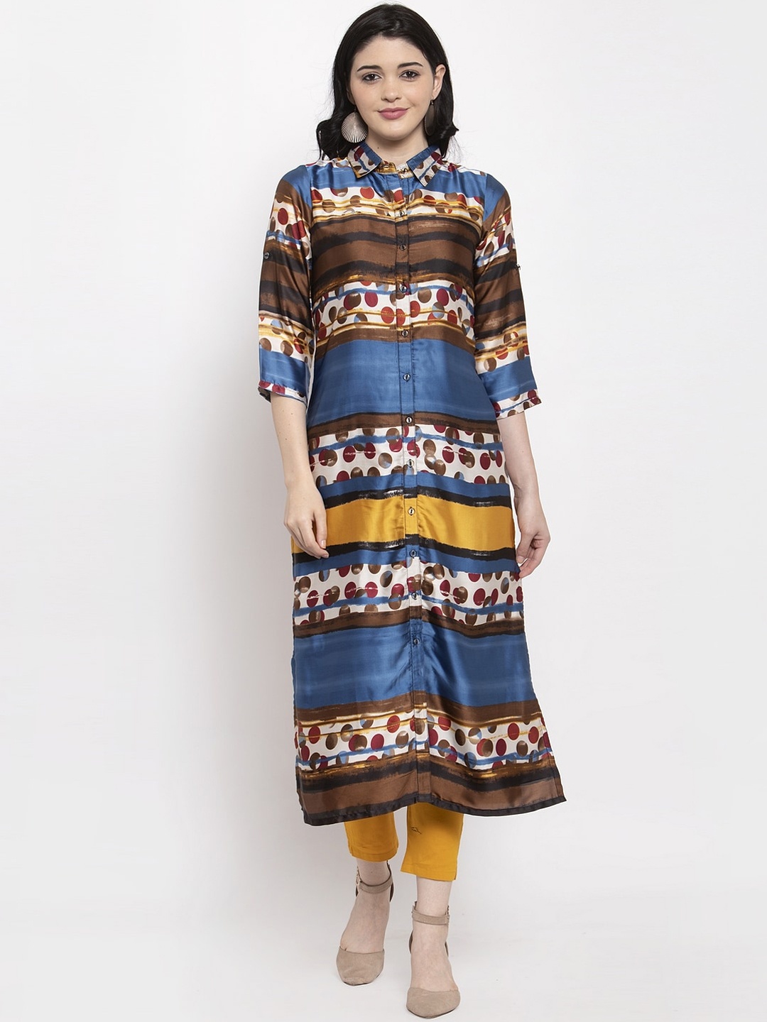 

Aujjessa Women Blue Geometric Printed Satin Pathani Kurta