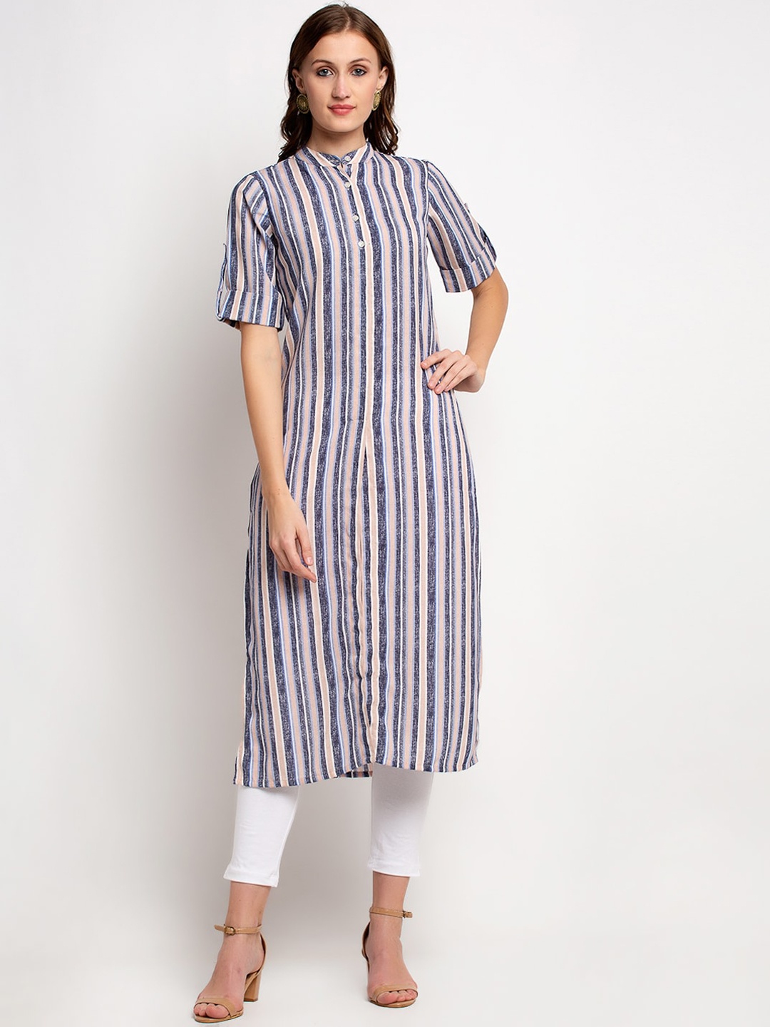 

Aujjessa Women Grey Melange Striped Pathani Kurta