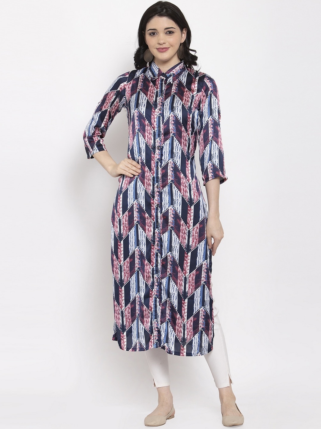 

Aujjessa Women Navy Blue Printed Satin Pathani Kurta