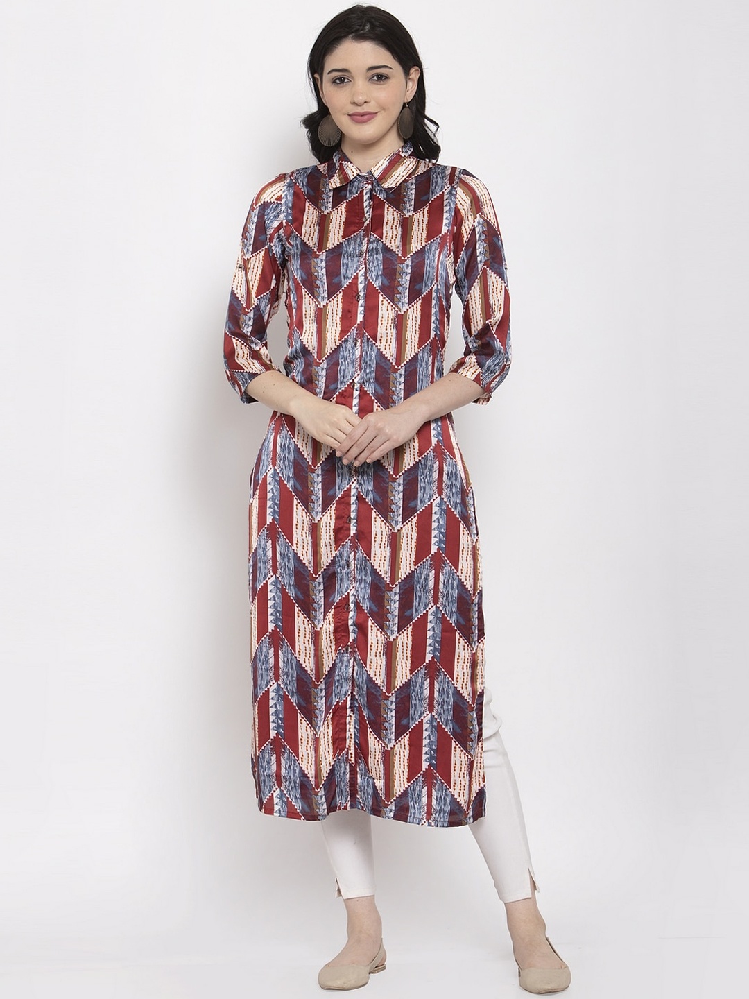 

Aujjessa Women Maroon & Grey Printed Satin Pathani Kurta