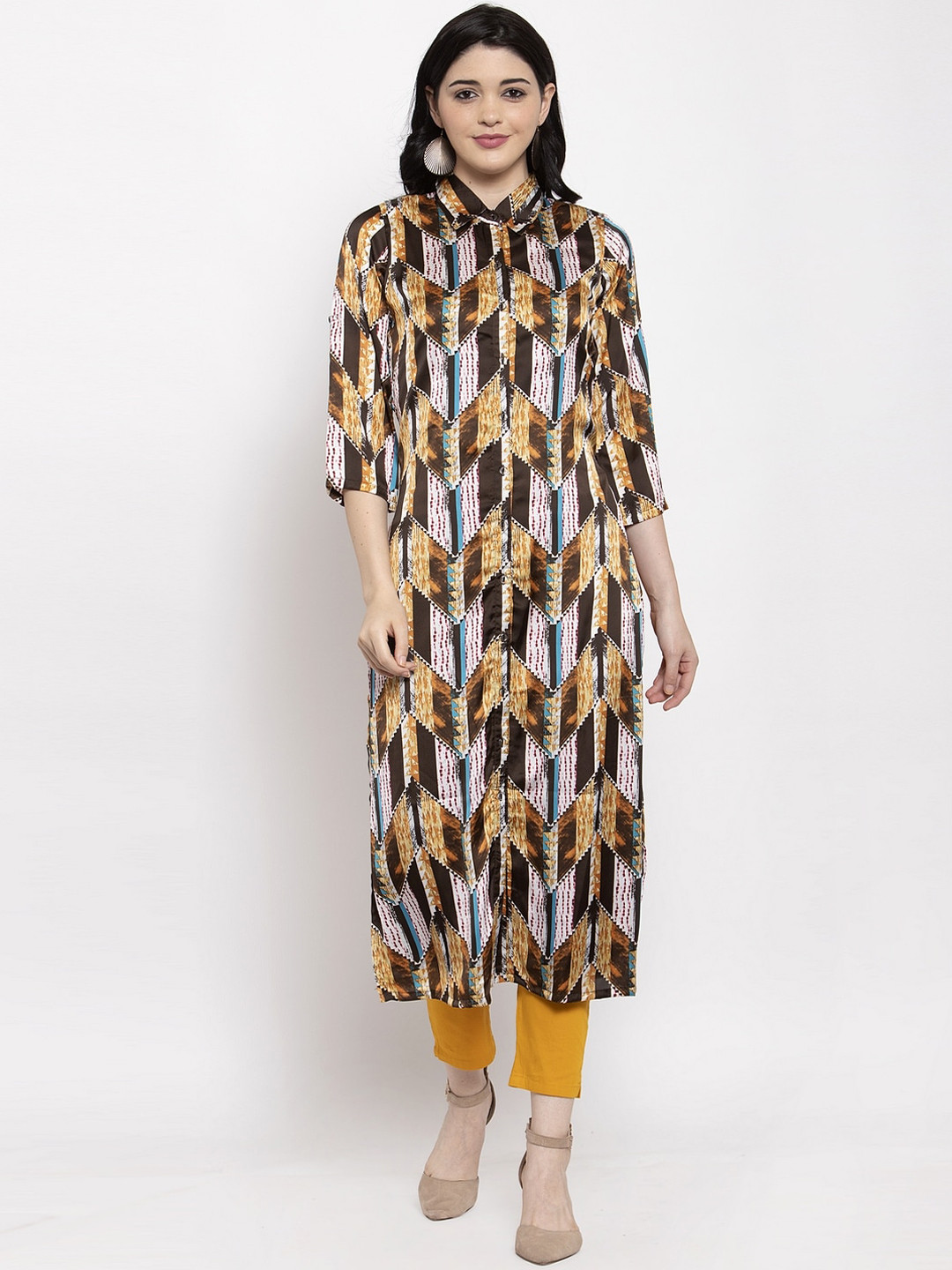

Aujjessa Women Brown Printed Satin Pathani Kurta