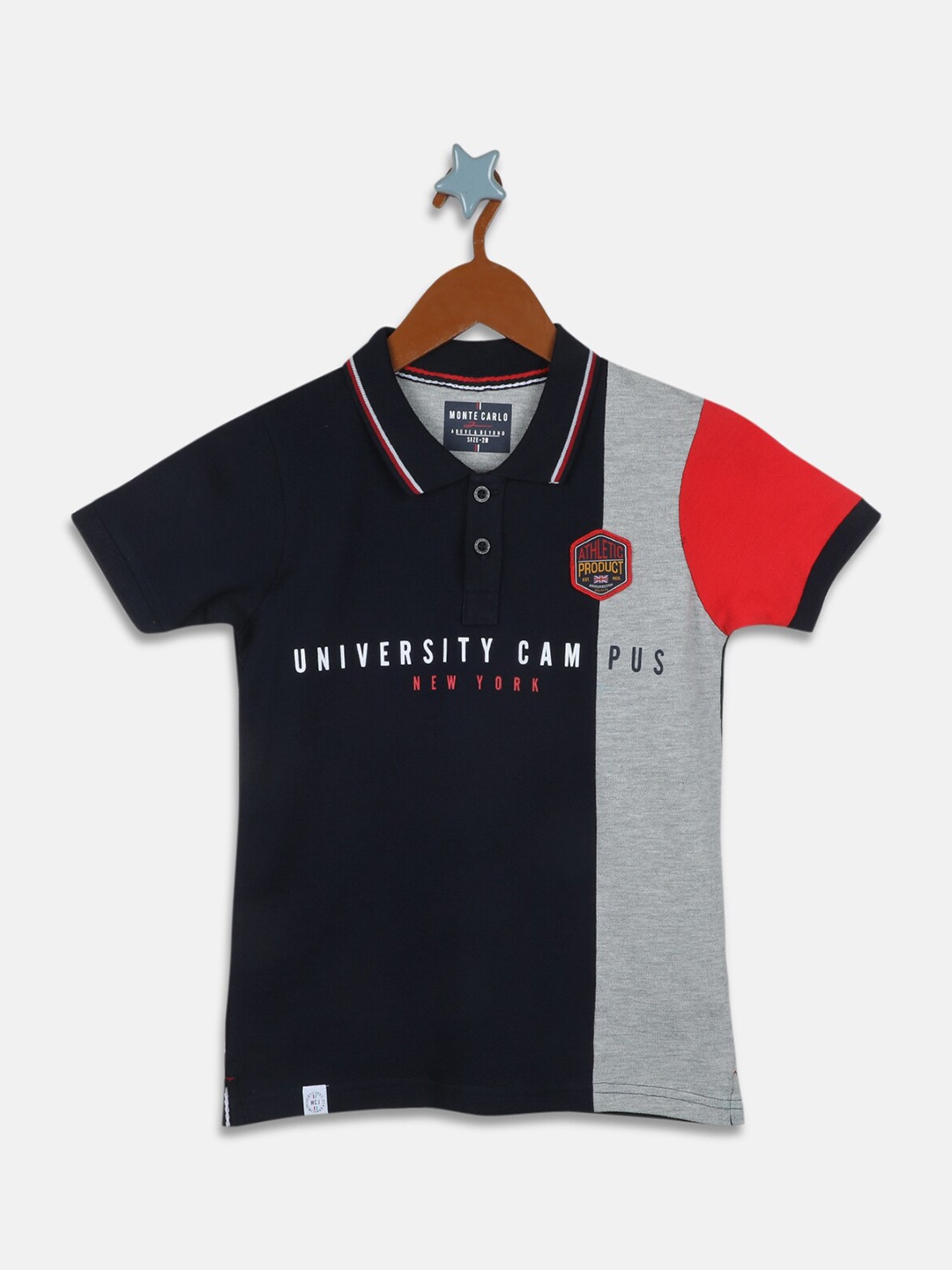 

Monte Carlo Boys Navy Blue & Grey Typography Printed Polo Collar T-shirt