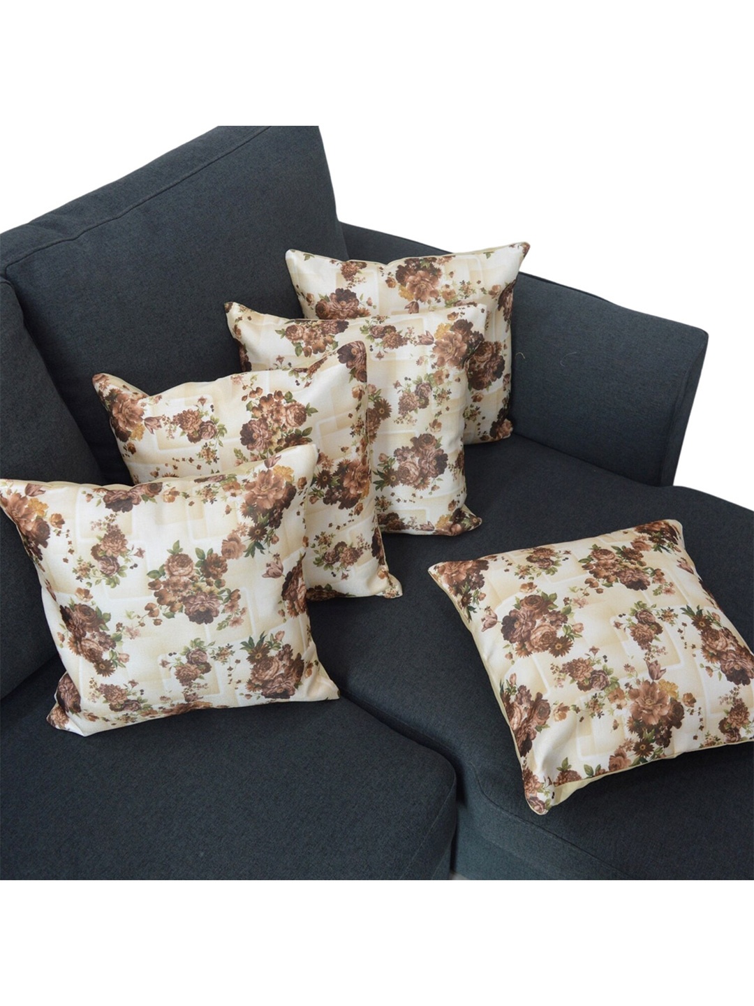 

Tranquil square Yellow & Brown Set of 5 Floral Square Cushion Covers