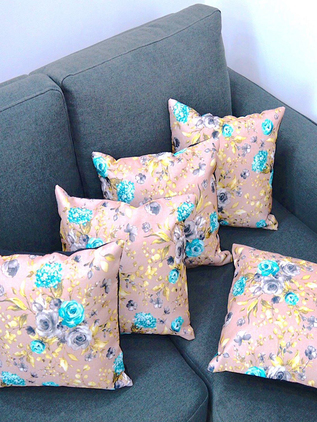 

Tranquil square Blue & Yellow Set of 5 Floral Printed Square Cushion Covers