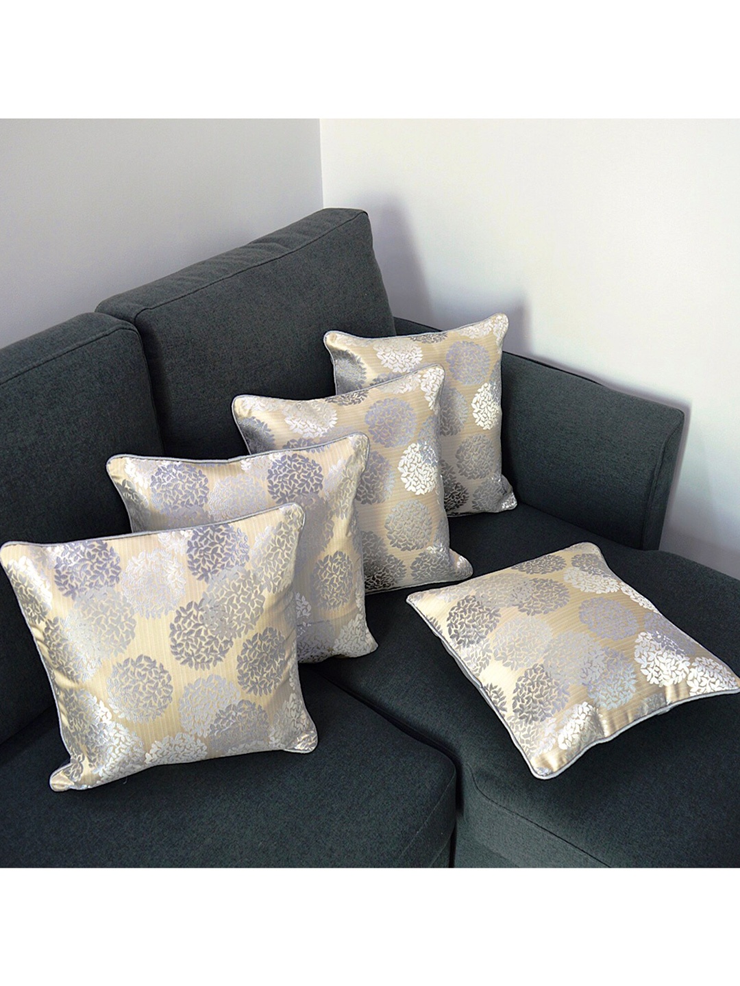 

Tranquil square Silver & Golden Set of 5 Floral Cotton Square Cushion Covers