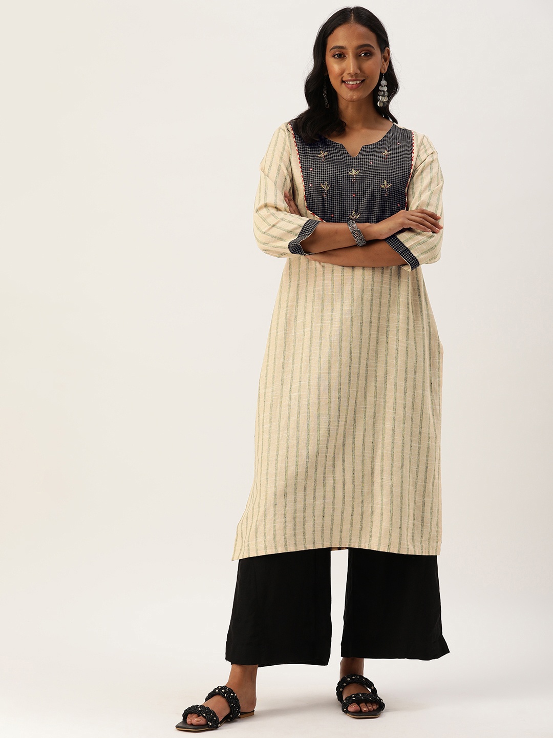 

INDYES Women Beige & Black Yoke Design Thread Work Cotton Kurta