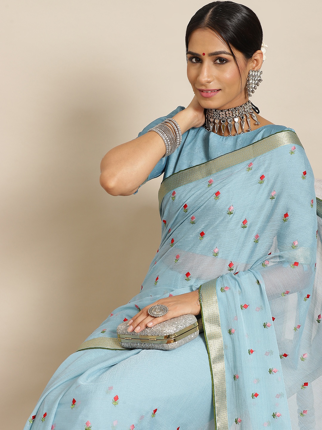 

Satrani Turquoise Blue Ethnic Motifs Poly Chiffon Saree