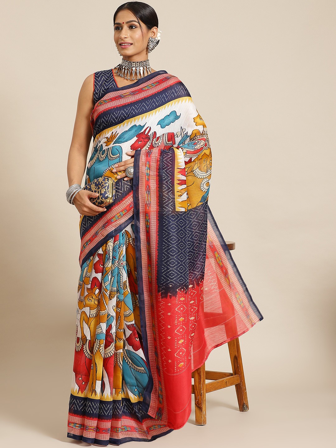 

Satrani Multicoloured Kalamkari Poly Cotton Saree, Multi