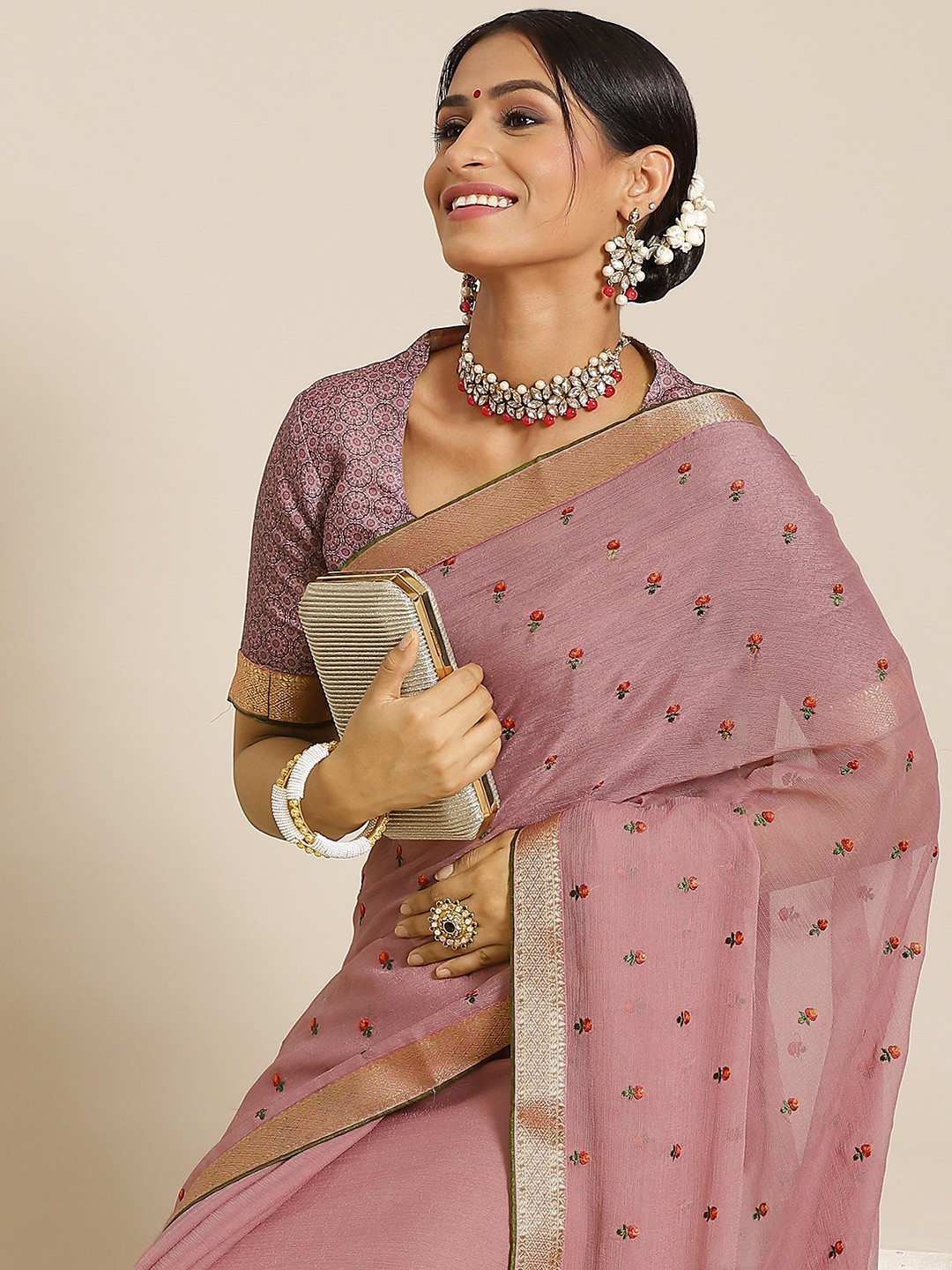 

Satrani Mauve Floral Poly Chiffon Saree