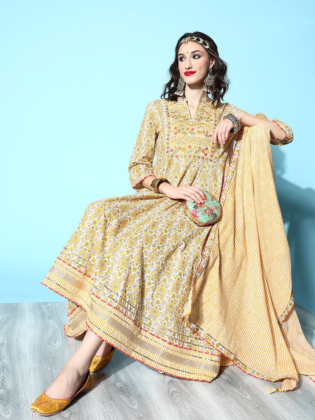 

ZOLA Women Yellow Ethnic Motifs Printed Empire Thread Work Pure Cotton Kurta with Trousers & With Dupatta
