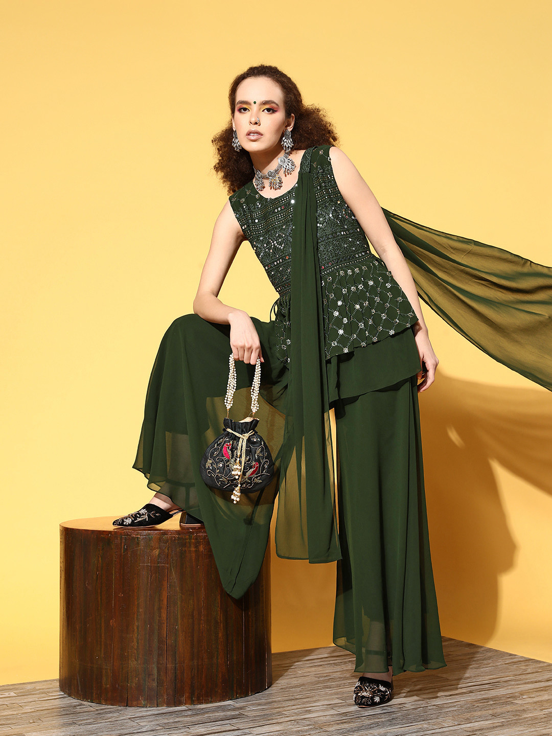 

ZOLA Women Olive Green Ethnic Embroidered Sequinned Kurta with Palazzos & Dupatta