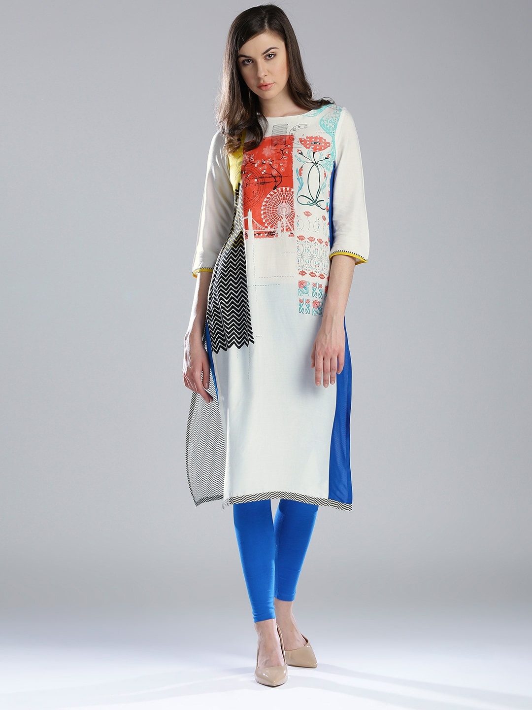 

W Women White & Black Printed Straight Sustainable Kurta