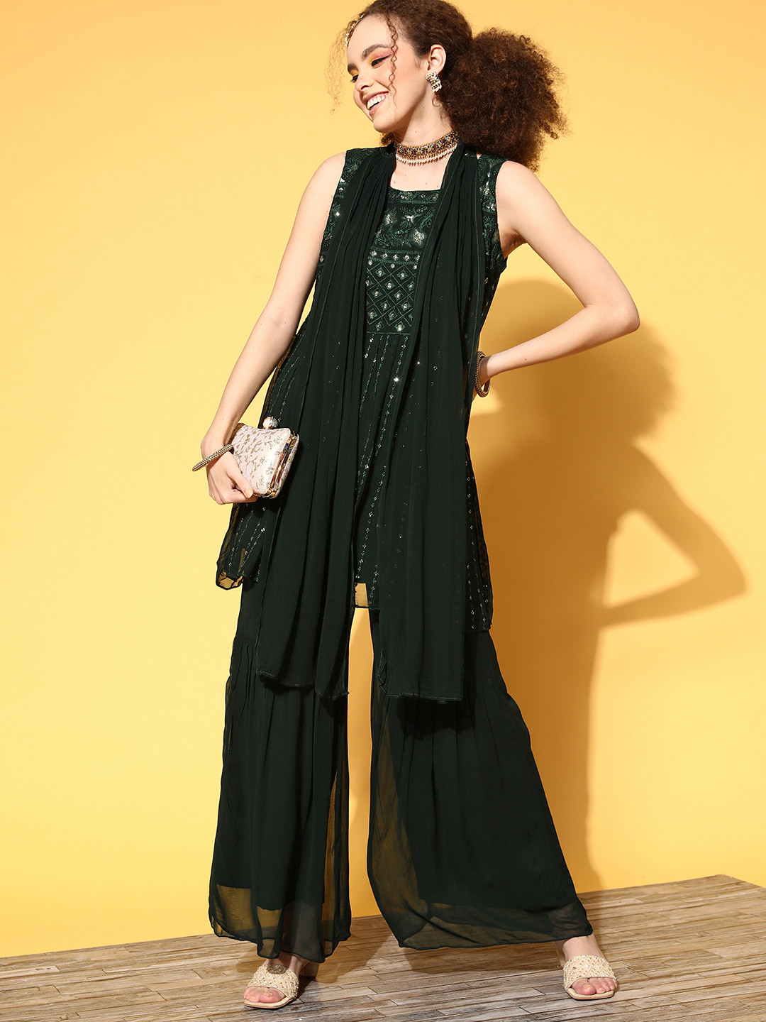 

ZOLA Women Solid Poly-Georgette Bling it On Kurta Set, Green