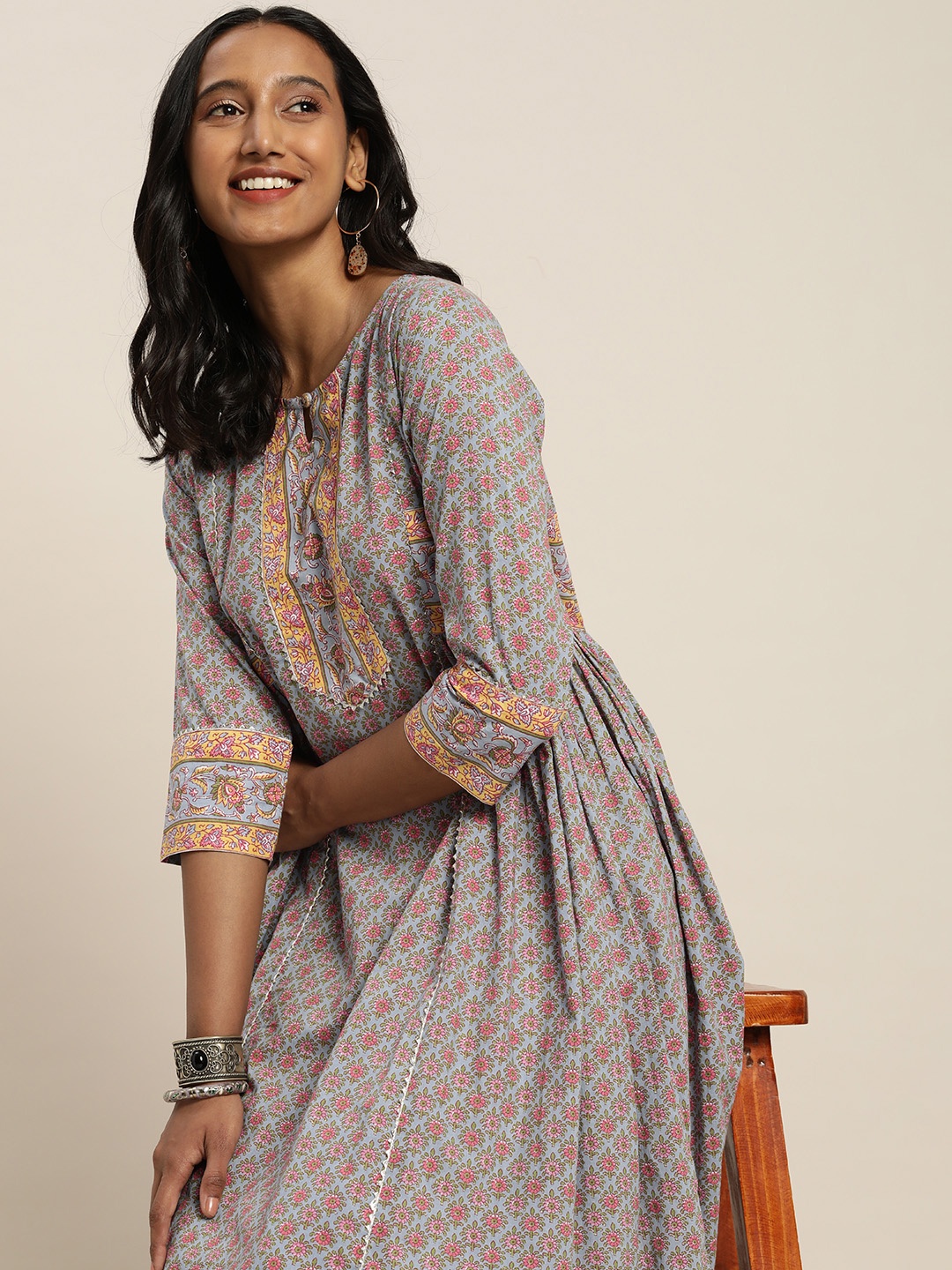 

Taavi Women Blue & Pink Sanganeri Hand Block Printed A-Line Kurta