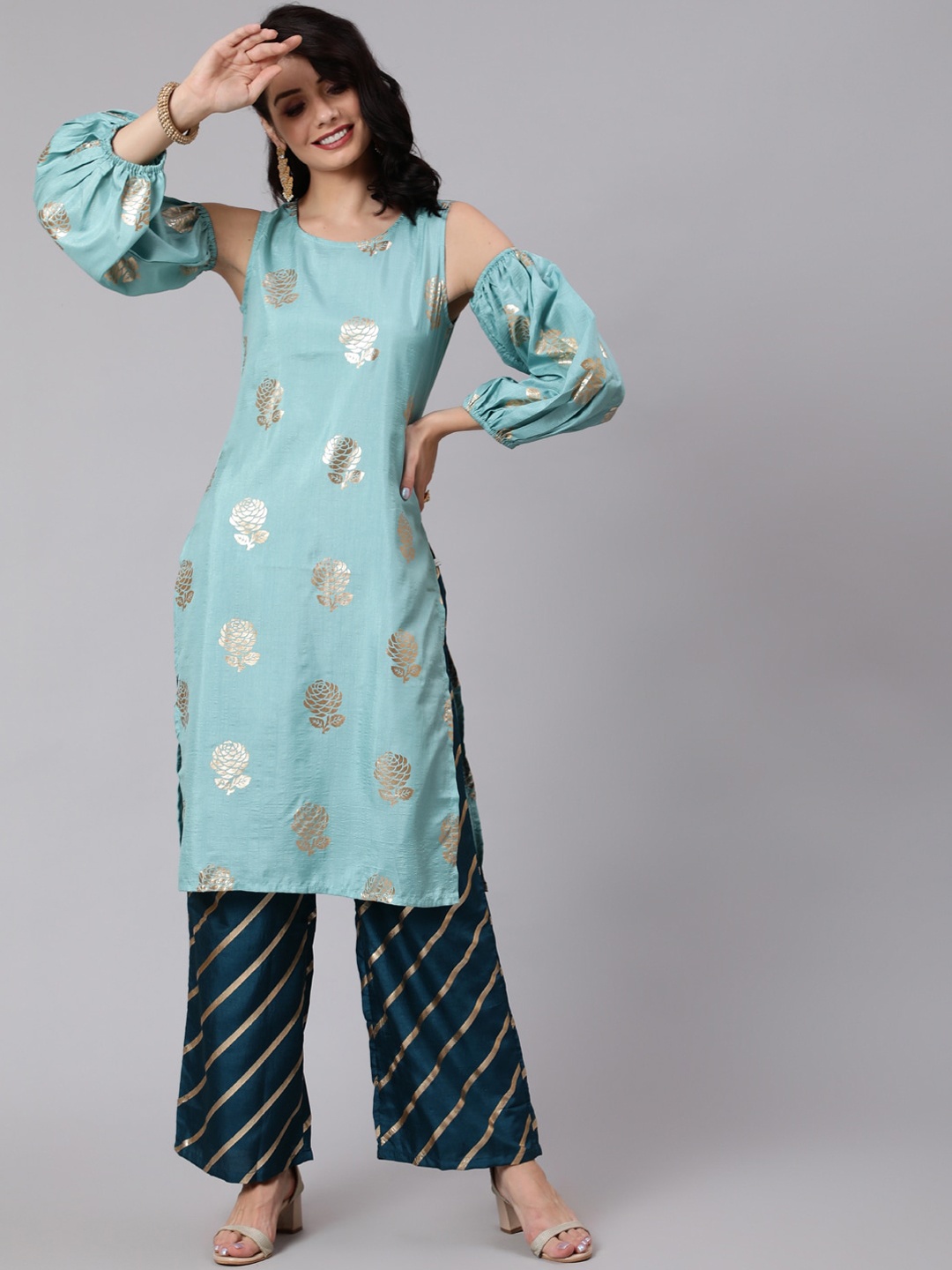 

Awadhi Women Blue Ethnic Motifs Printed Kurta with Palazzos