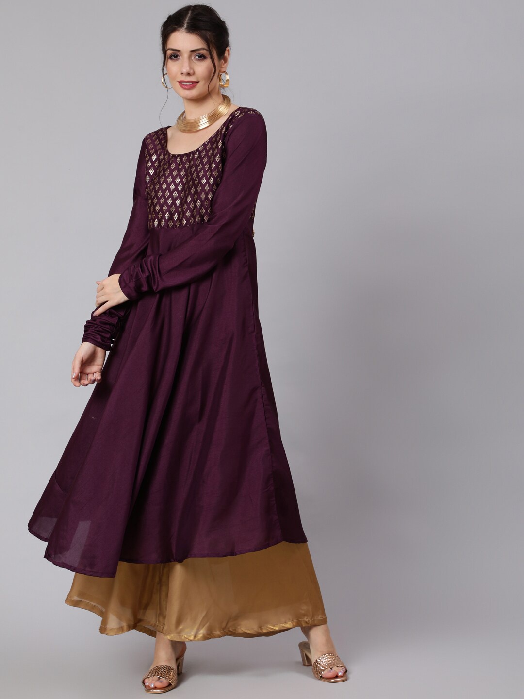 

Awadhi Women Purple & Golden Ethnic Motifs Printed Anarkali Kurta