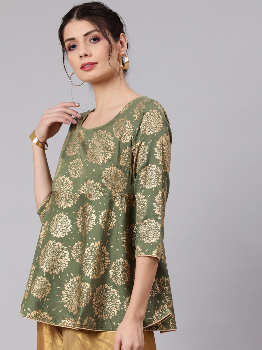 

Awadhi Green & Golden Viscose Rayon Printed Tunic