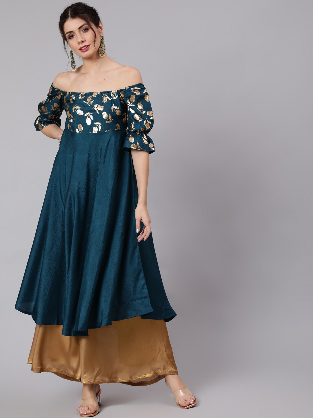 

Awadhi Women Blue & Golden Printed Kurta