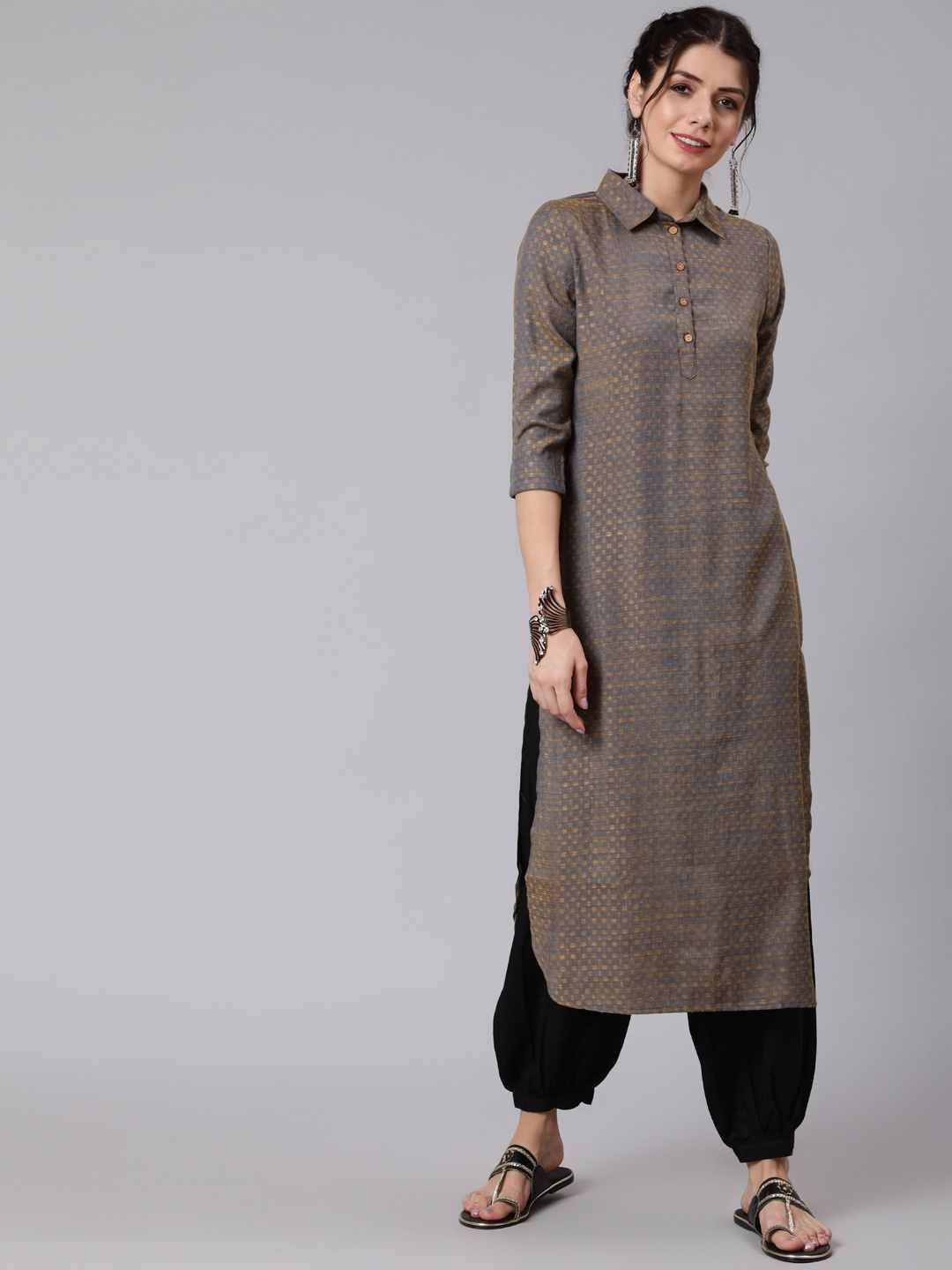 

Awadhi Women Grey Ethnic Motifs Pathani Kurta