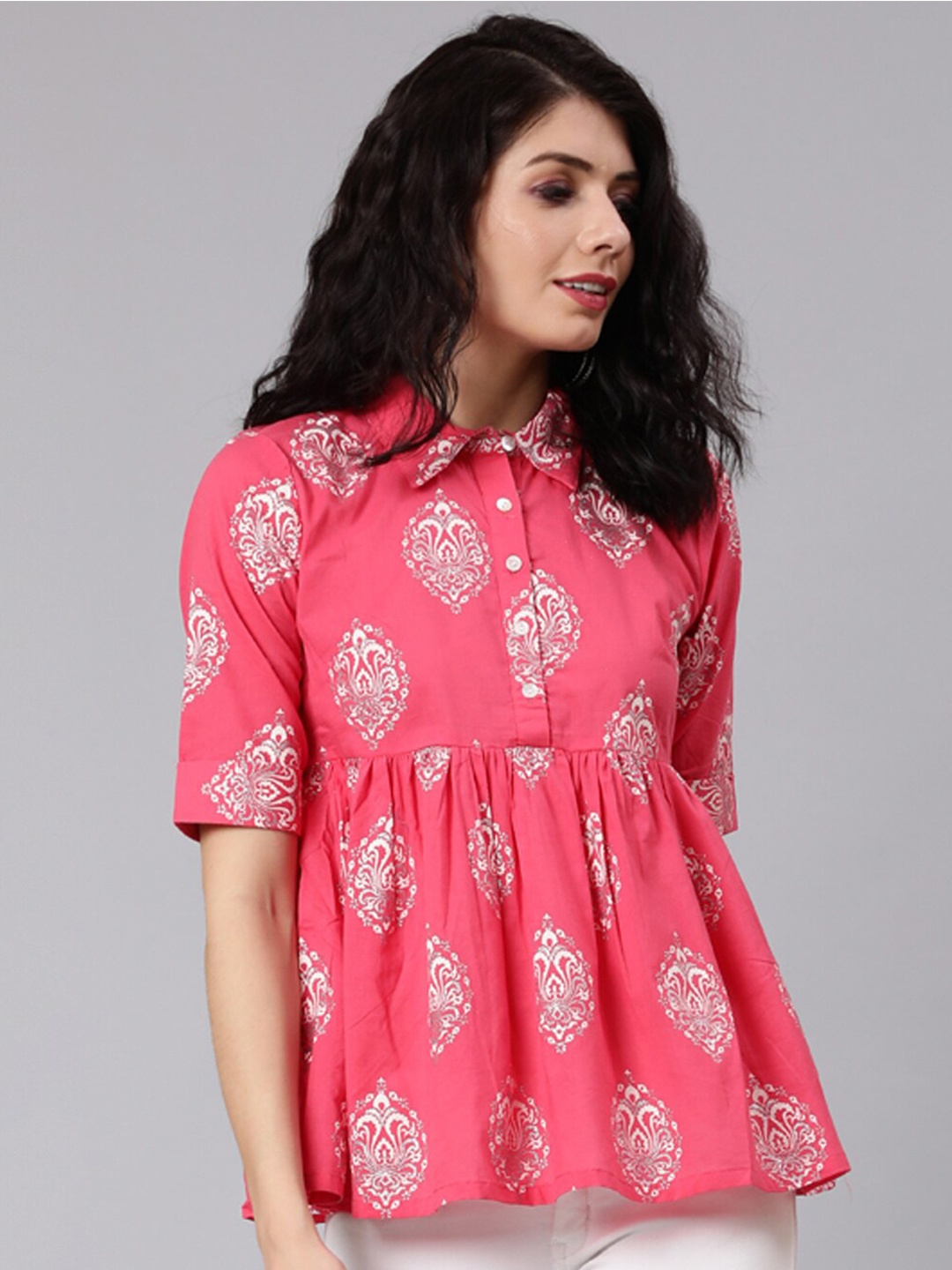 

Awadhi Pink & White Shirt Collar Printed Tunic
