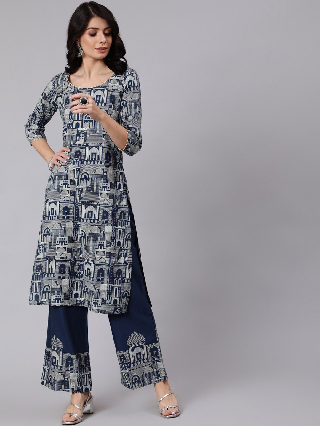 

Awadhi Women Blue Ethnic Motifs Printed Kurta with Palazzos