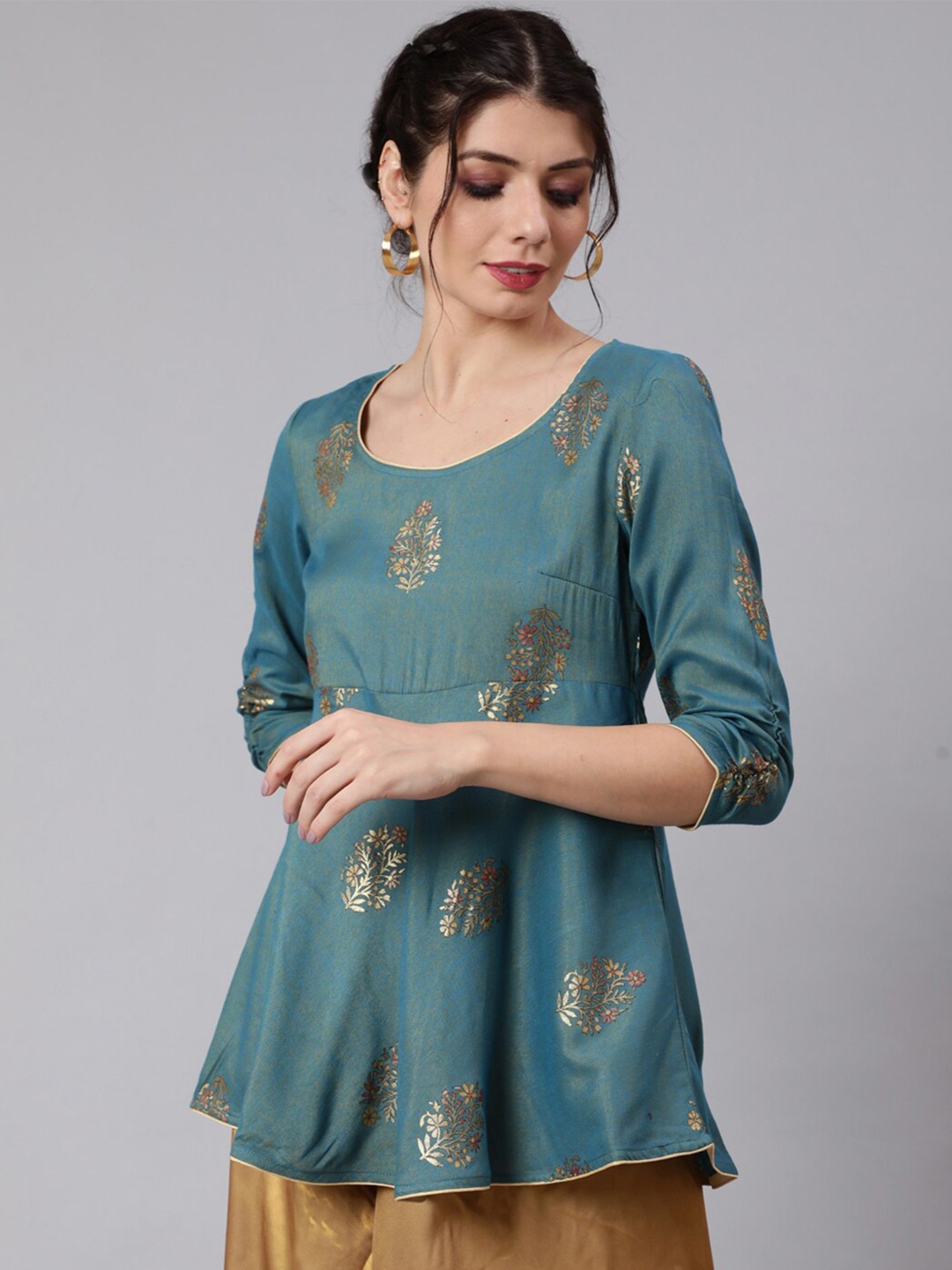 

Awadhi Blue & Gold-Toned Viscose Rayon Printed Tunic