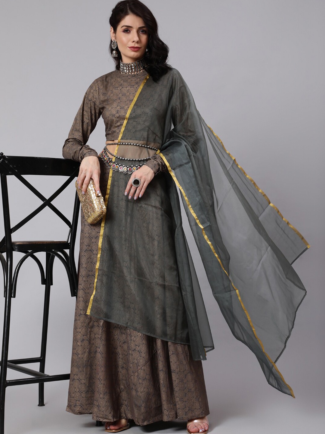 

Awadhi Grey & Gold-Toned Printed Ready to Wear Lehenga & Blouse With Dupatta