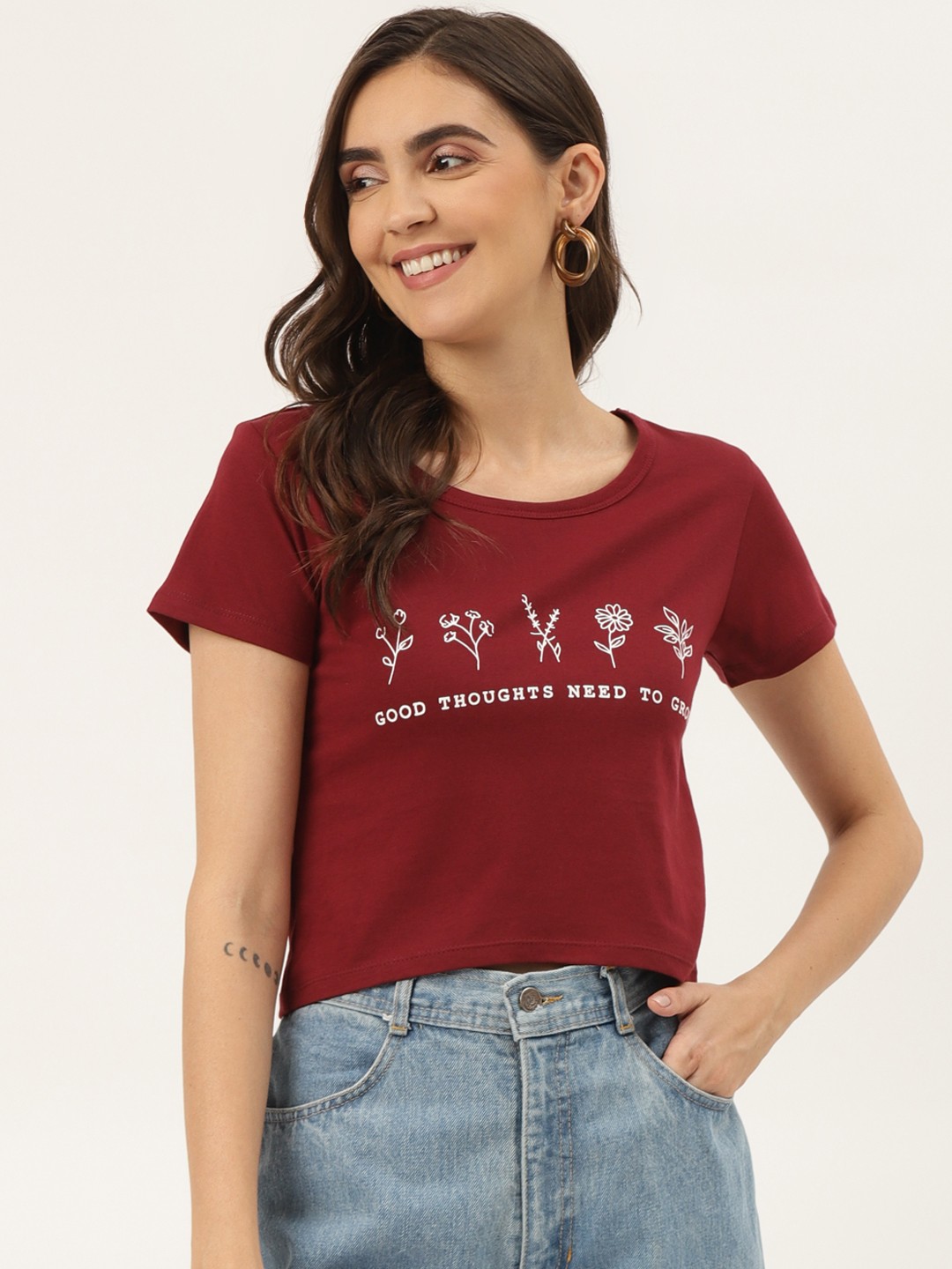 

Rue Collection Maroon & White Print Fitted Crop Top