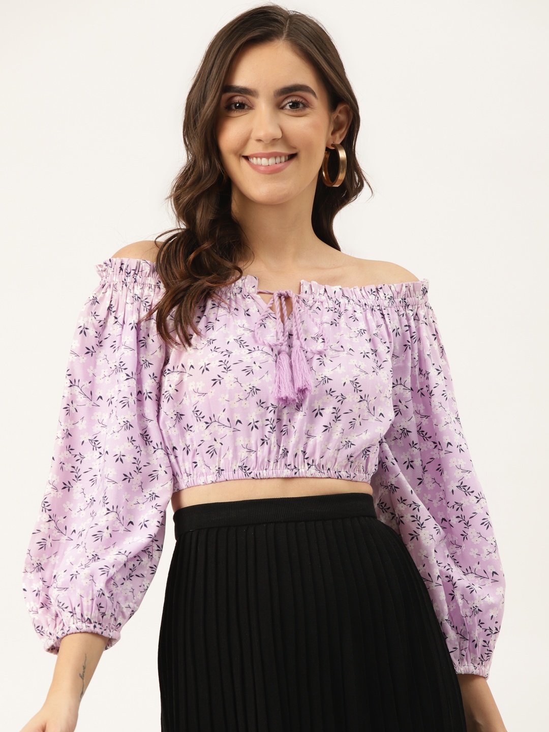 

Rue Collection Lavender & White Floral Print Off-Shoulder Blouson Crop Top