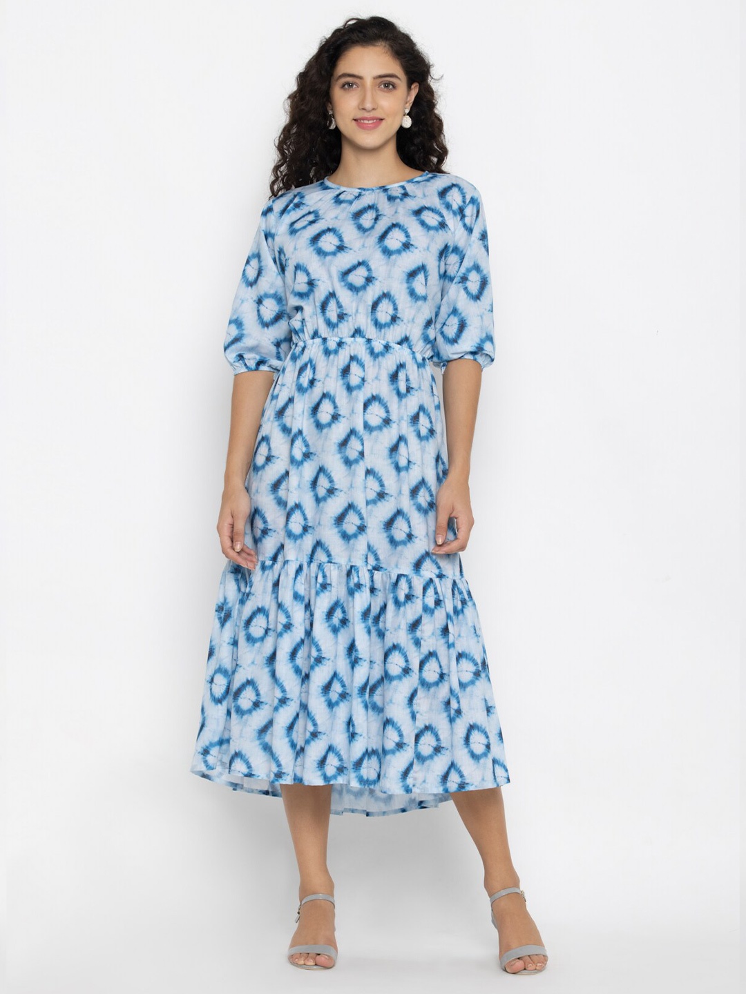 

SEW YOU SOON Blue Ethnic Motifs A-Line Cotton Midi Dress