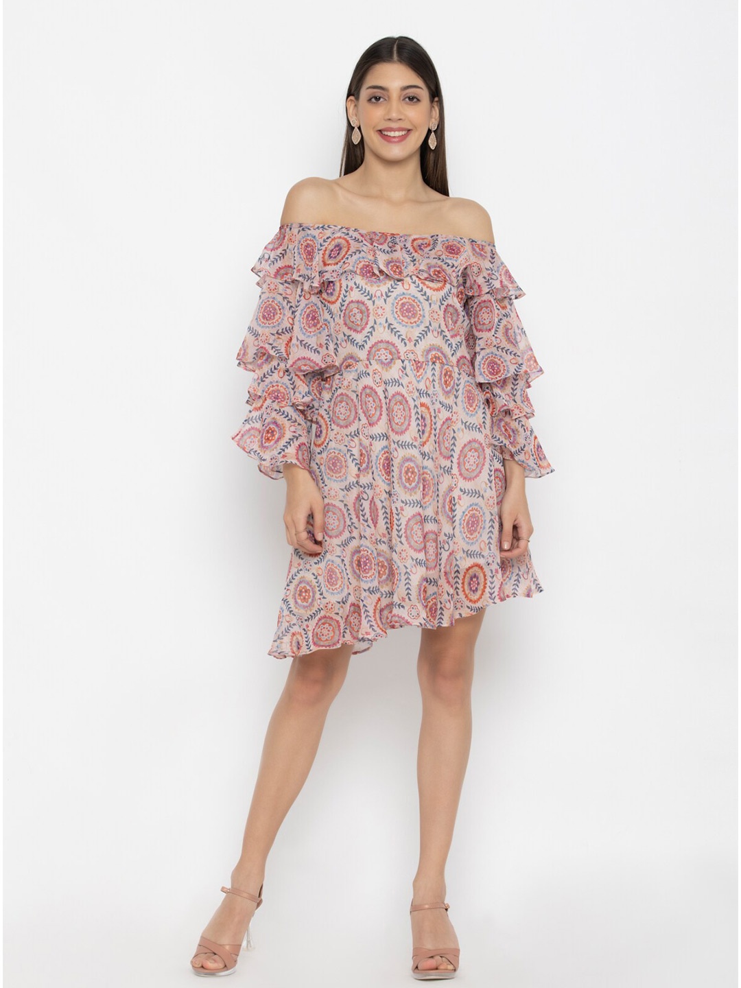 

SEW YOU SOON Pink Ethnic Motifs Off-Shoulder Georgette Dress