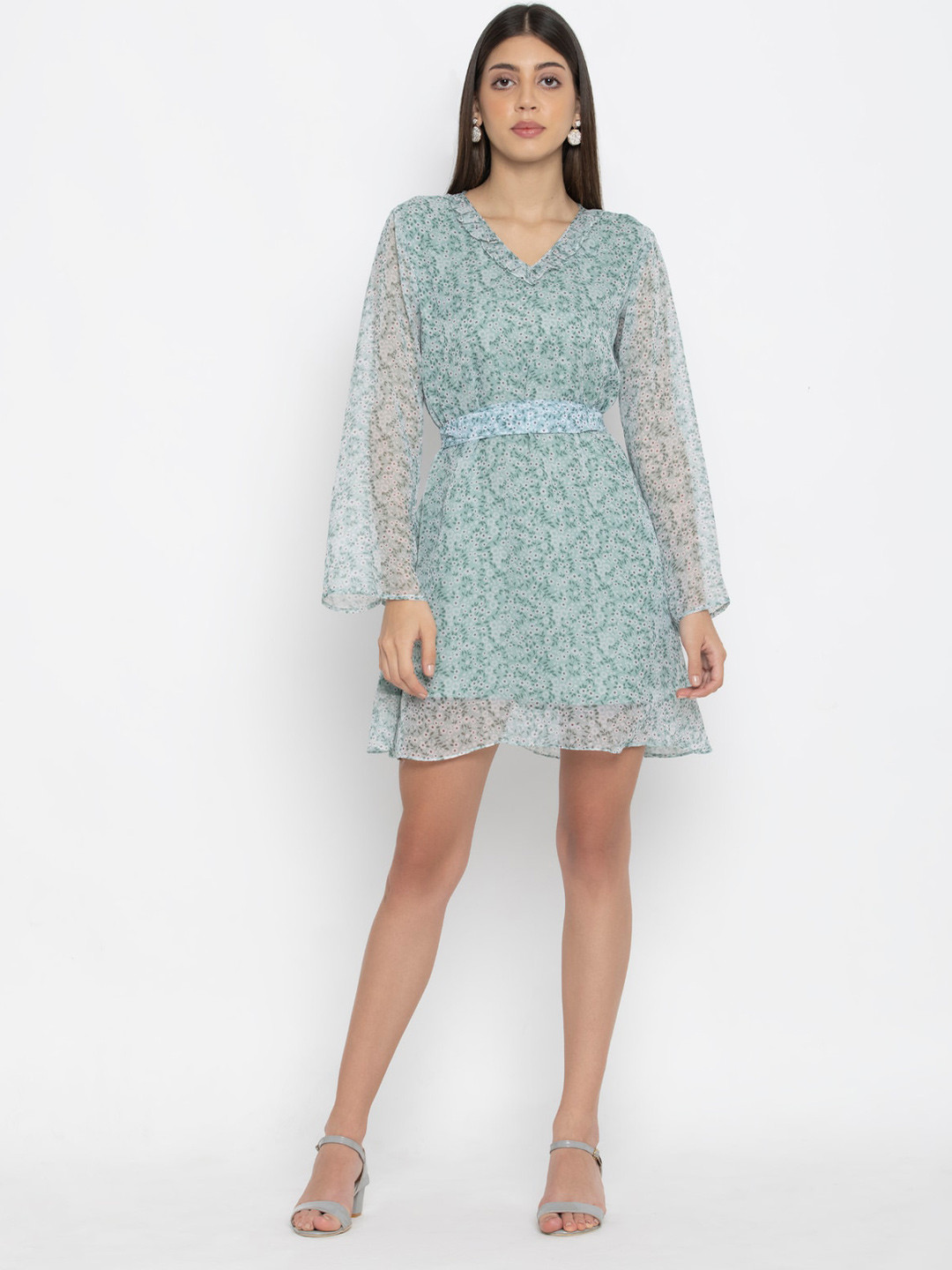 

SEW YOU SOON Sea Green & White Floral Georgette Dress