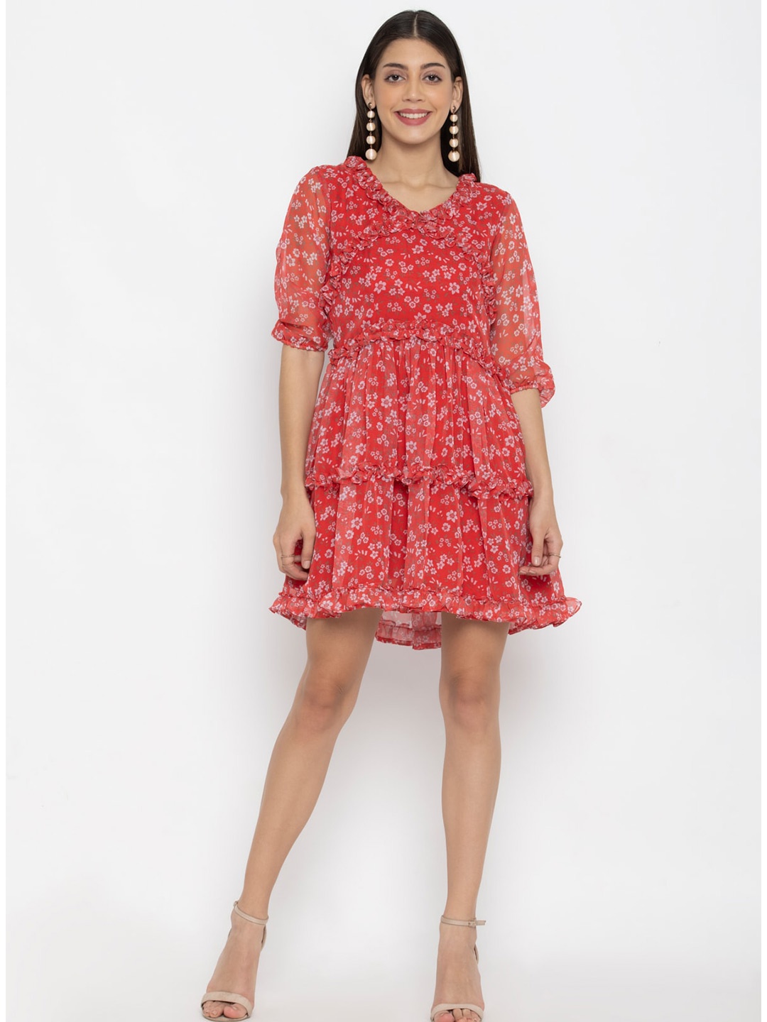 

SEW YOU SOON Red & White Floral Georgette Dress