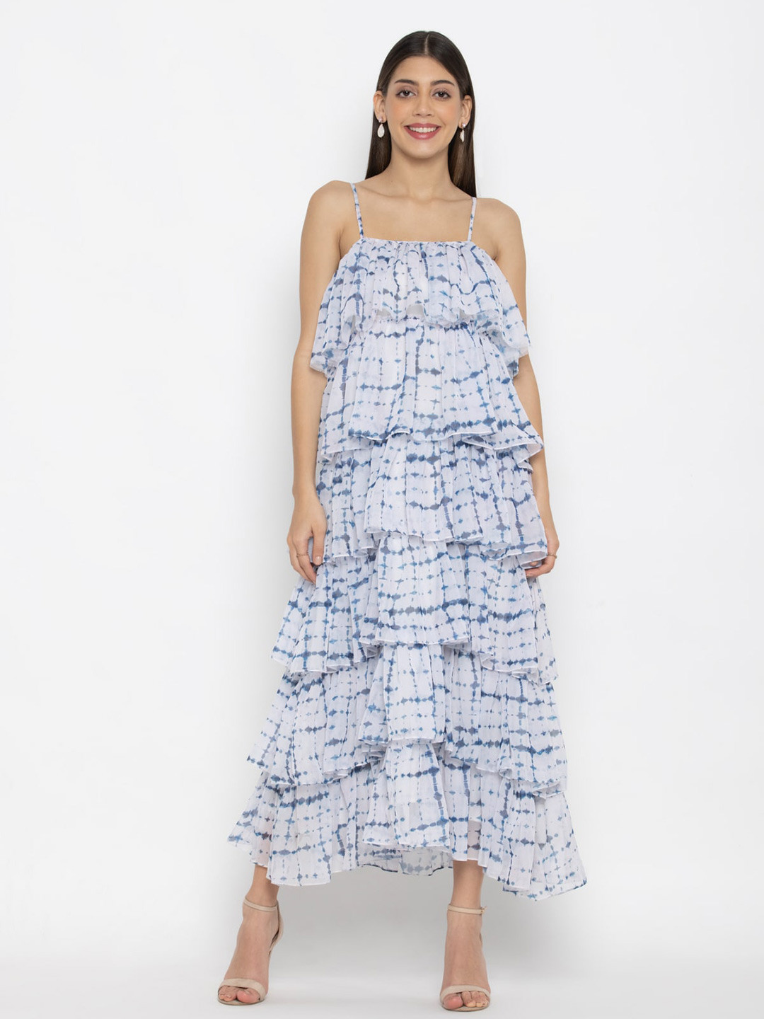 

SEW YOU SOON White & Blue Tie and Dye Georgette Maxi Midi Dress