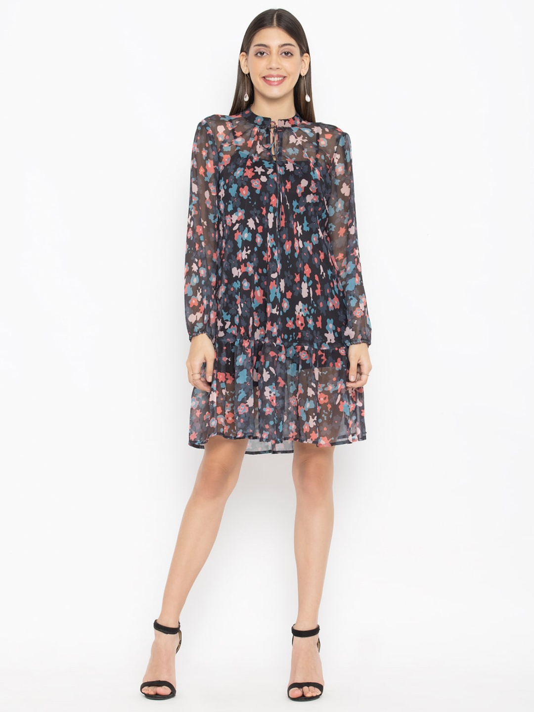 

SEW YOU SOON Black Floral Tie-Up Neck Georgette A-Line Dress